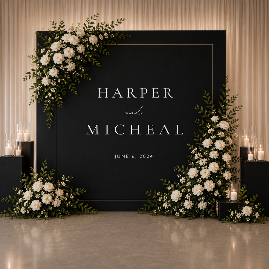 Black Tie Wedding Backdrop | Personalized Elegant Wedding Photo Backdrop | Luxury Black & White Reception Decor