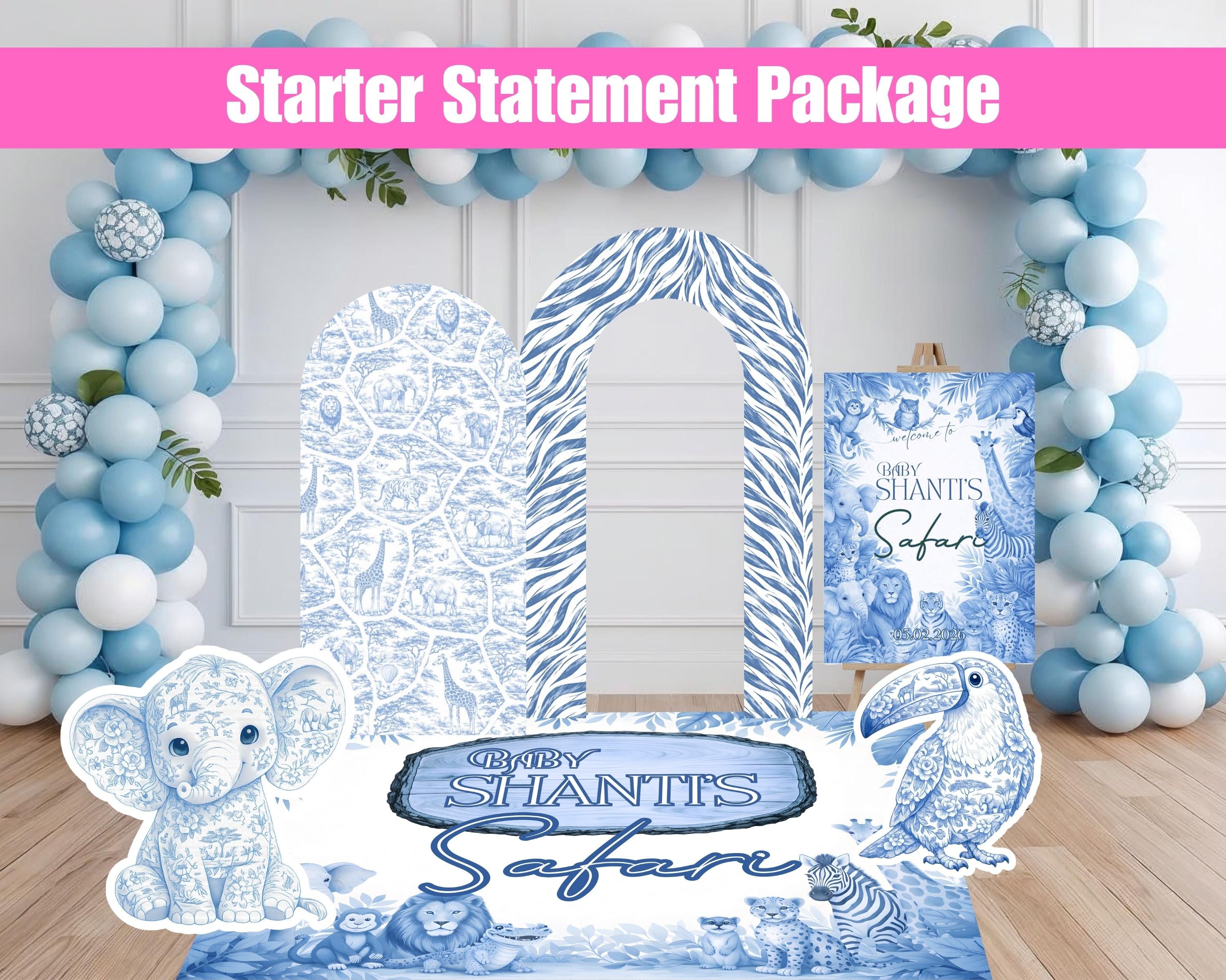 Blue Toile Safari Birthday Packages | Backdrop, Arches, Floor Decal & Life-Size Cutouts | 4 Package Options