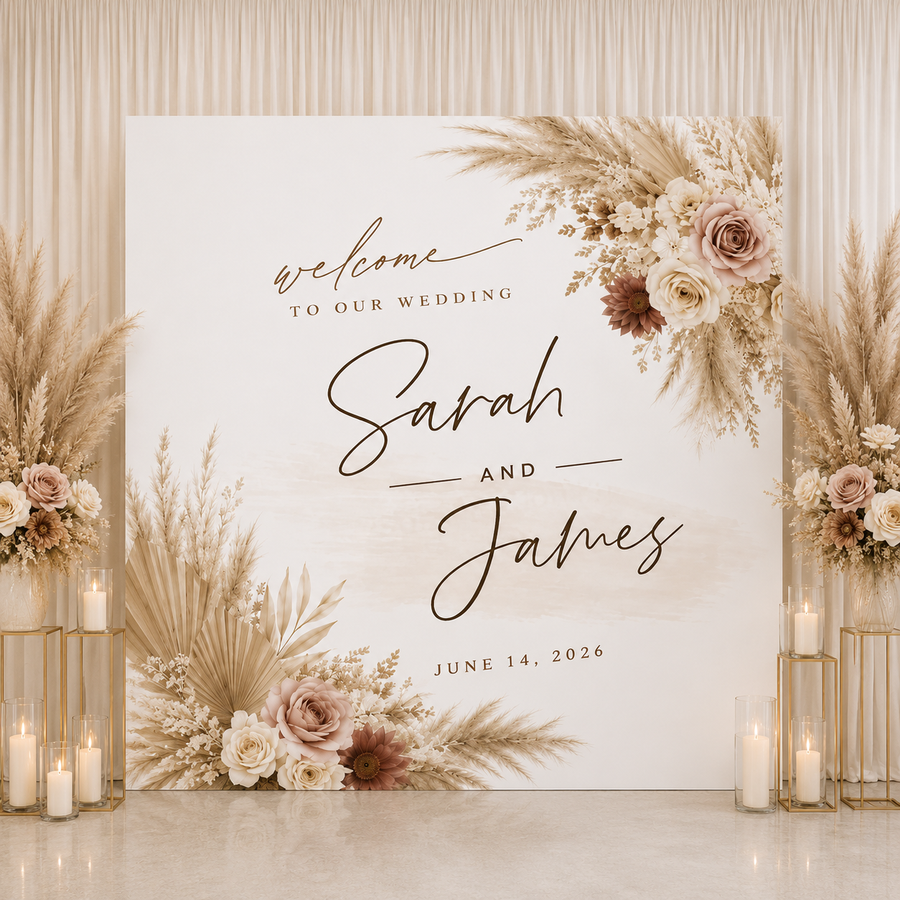 Boho Wedding Backdrop | Personalized Bohemian Wedding Photo Backdrop | Pampas Grass & Neutral Floral Reception Decor