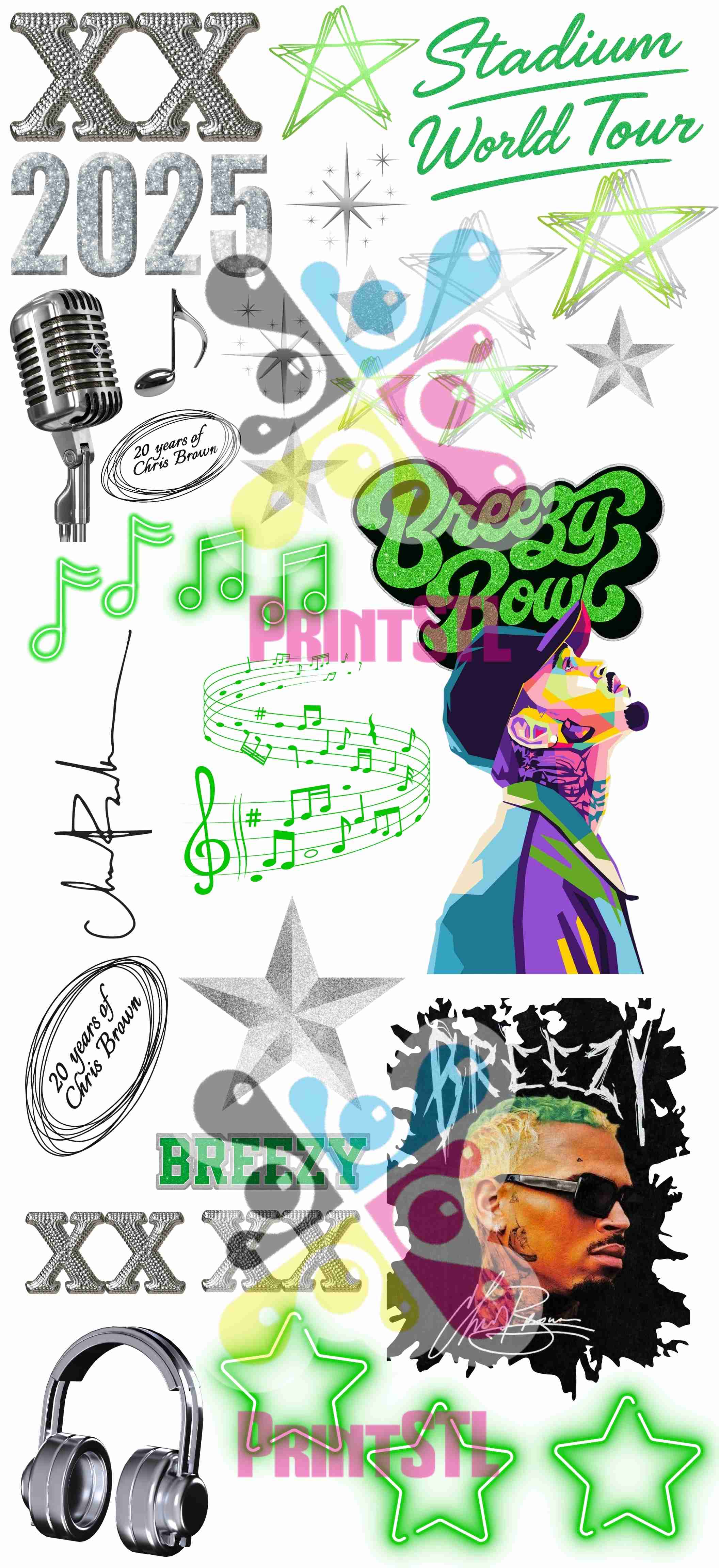 Breezy Bowl Green & Silver Glitter DTF Gang Sheet – Concert, Tour, Custom T-Shirt Transfers