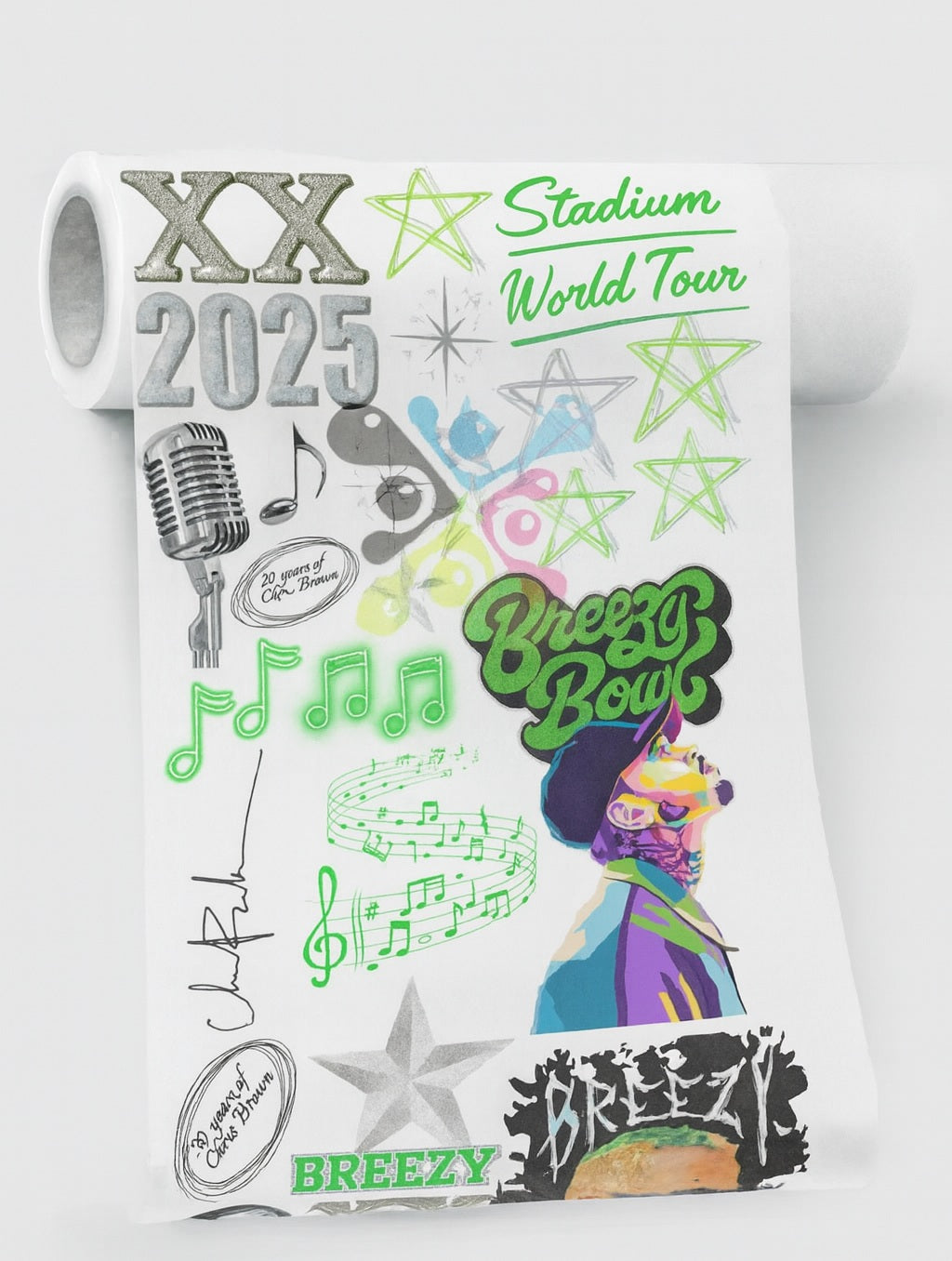 Breezy Bowl Green & Silver Glitter DTF Gang Sheet – Concert, Tour, Custom T-Shirt Transfers