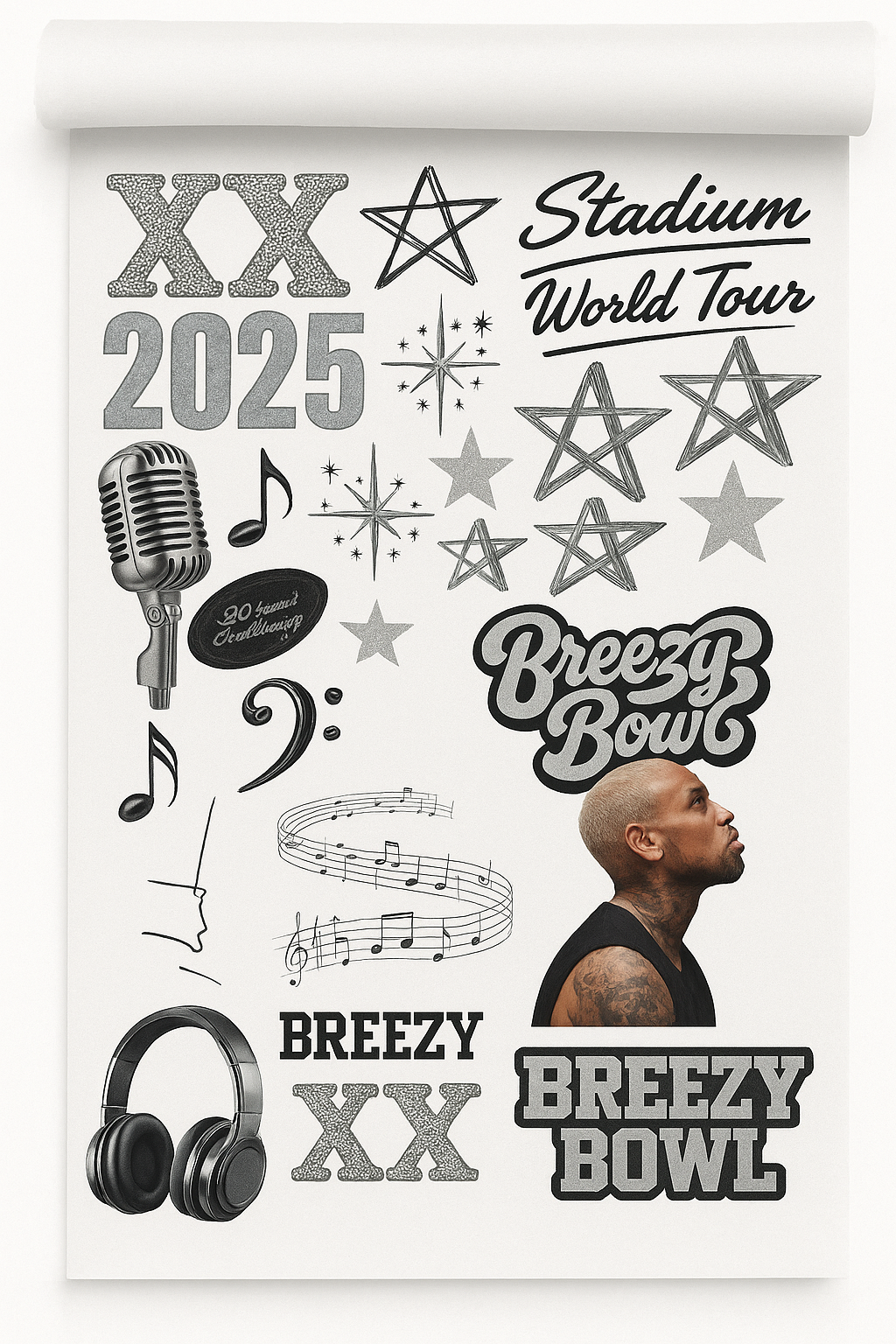 Breezy Bowl XX 2025 DTF Gangsheet Transfer – Silver & Black Concert Inspired Roll