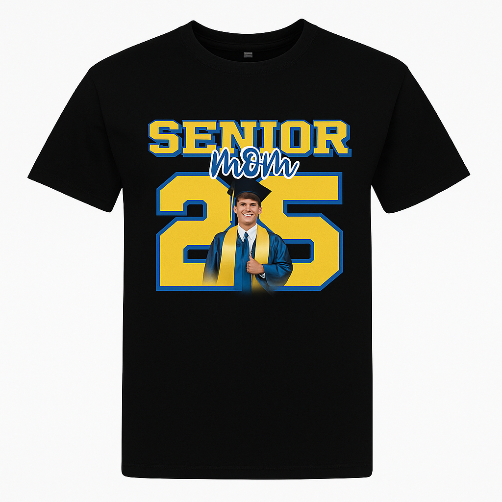 Senior Mom 2025 Shirt – Custom Graduation T-Shirt with Photo | Blue & Yellow Senior Night Tee