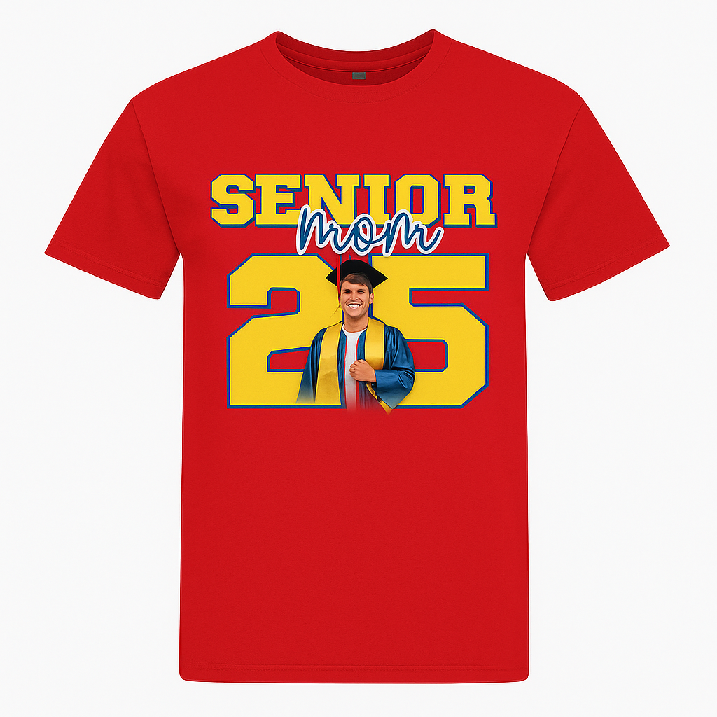 Senior Mom 2025 Shirt – Custom Graduation T-Shirt with Photo | Blue & Yellow Senior Night Tee