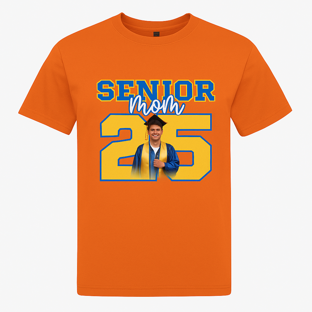 Senior Mom 2025 Shirt – Custom Graduation T-Shirt with Photo | Blue & Yellow Senior Night Tee