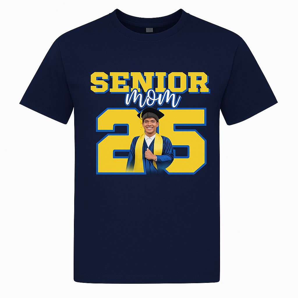 Senior Mom 2025 Shirt – Custom Graduation T-Shirt with Photo | Blue & Yellow Senior Night Tee