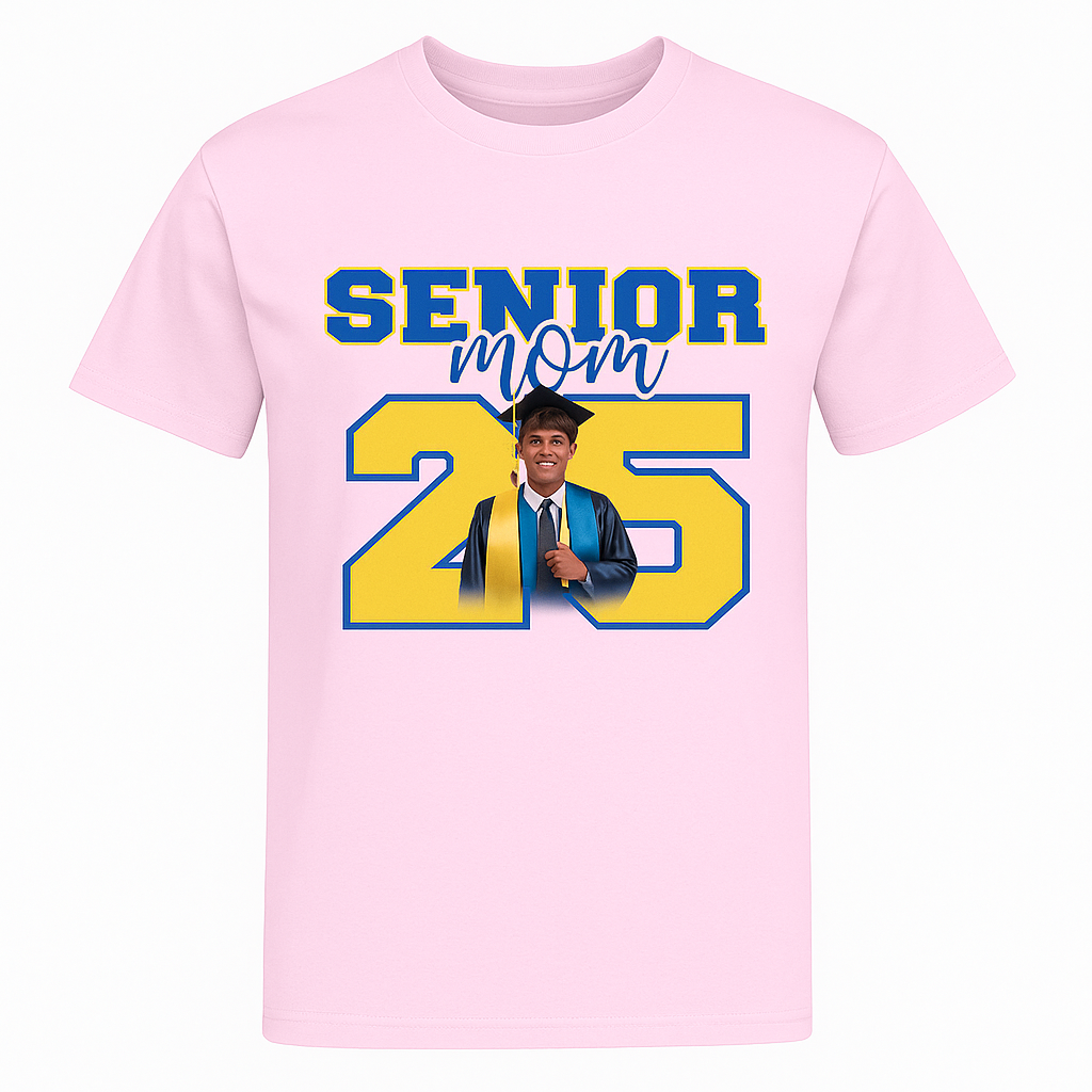 Senior Mom 2025 Shirt – Custom Graduation T-Shirt with Photo | Blue & Yellow Senior Night Tee
