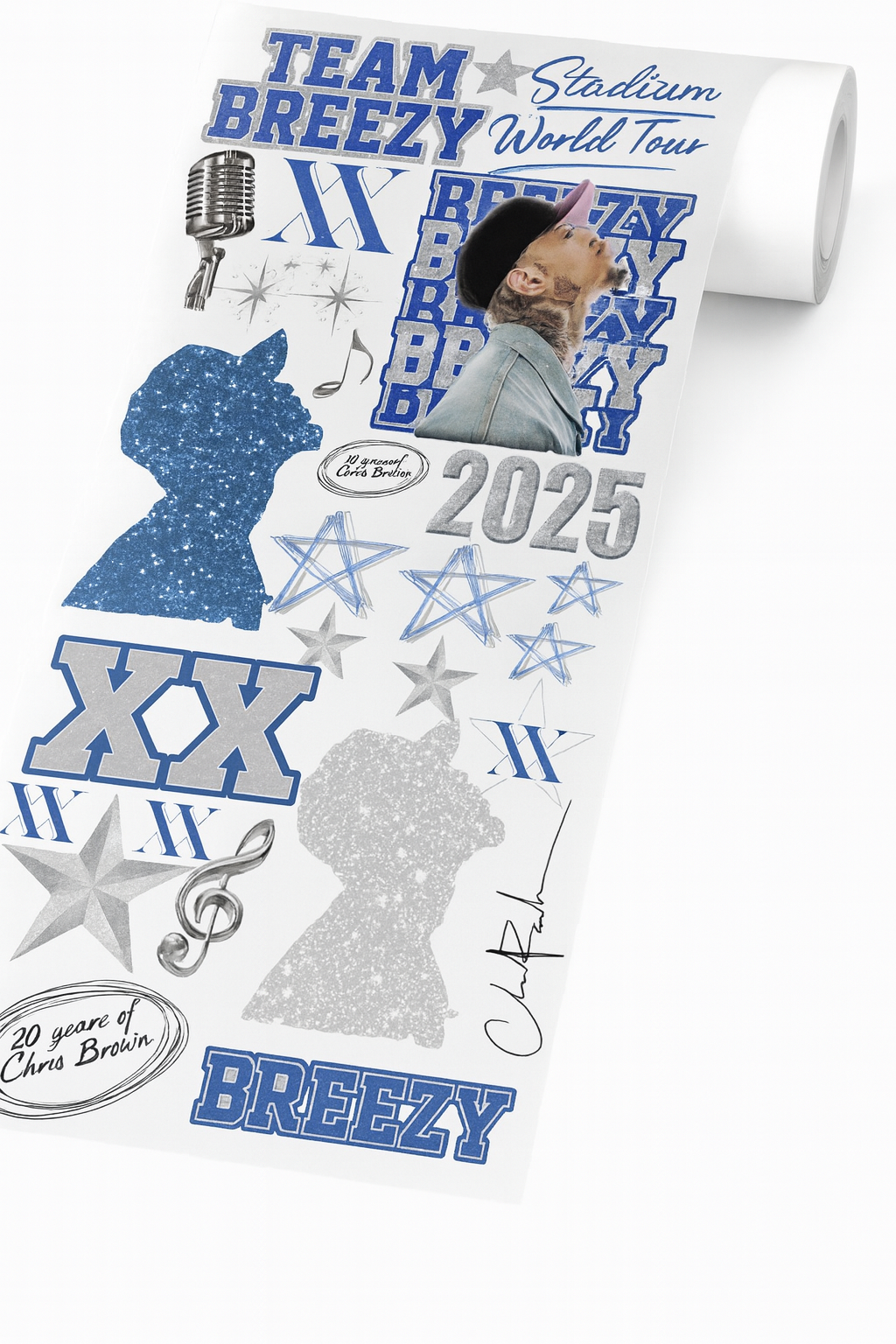 Team Breezy Blue & Silver DTF Gang Sheet – Stadium Tour Inspired Glitter Transfers (22"x48")