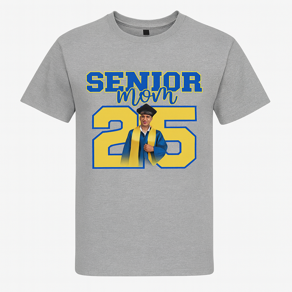 Senior Mom 2025 Shirt – Custom Graduation T-Shirt with Photo | Blue & Yellow Senior Night Tee