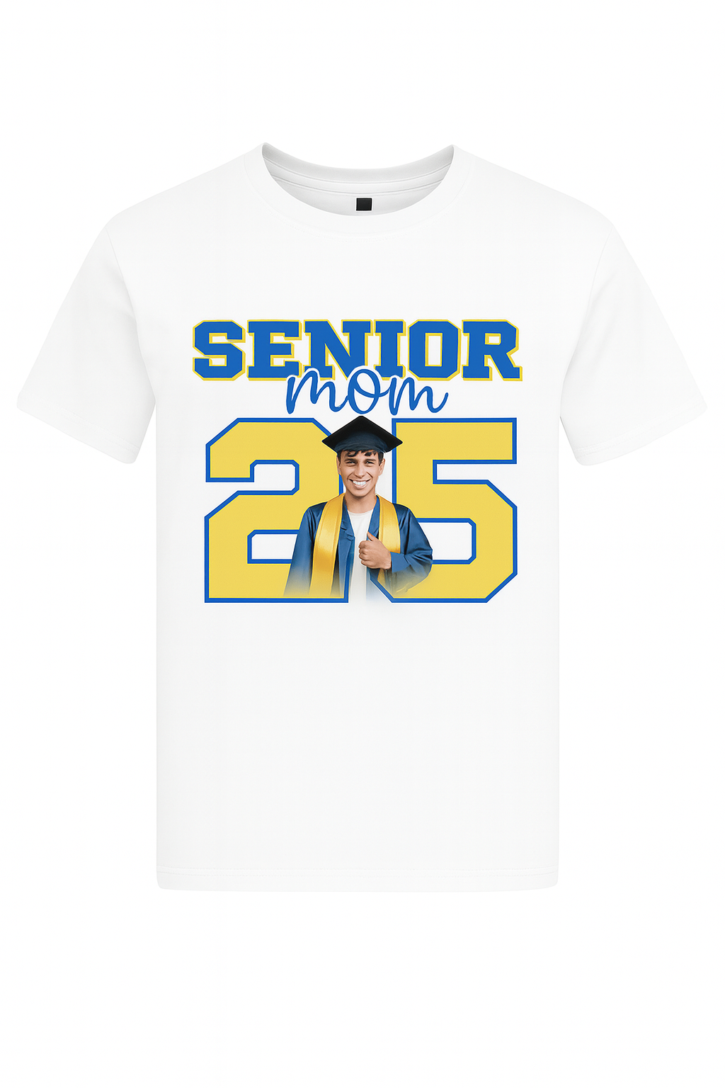 Senior Mom 2025 Shirt – Custom Graduation T-Shirt with Photo | Blue & Yellow Senior Night Tee