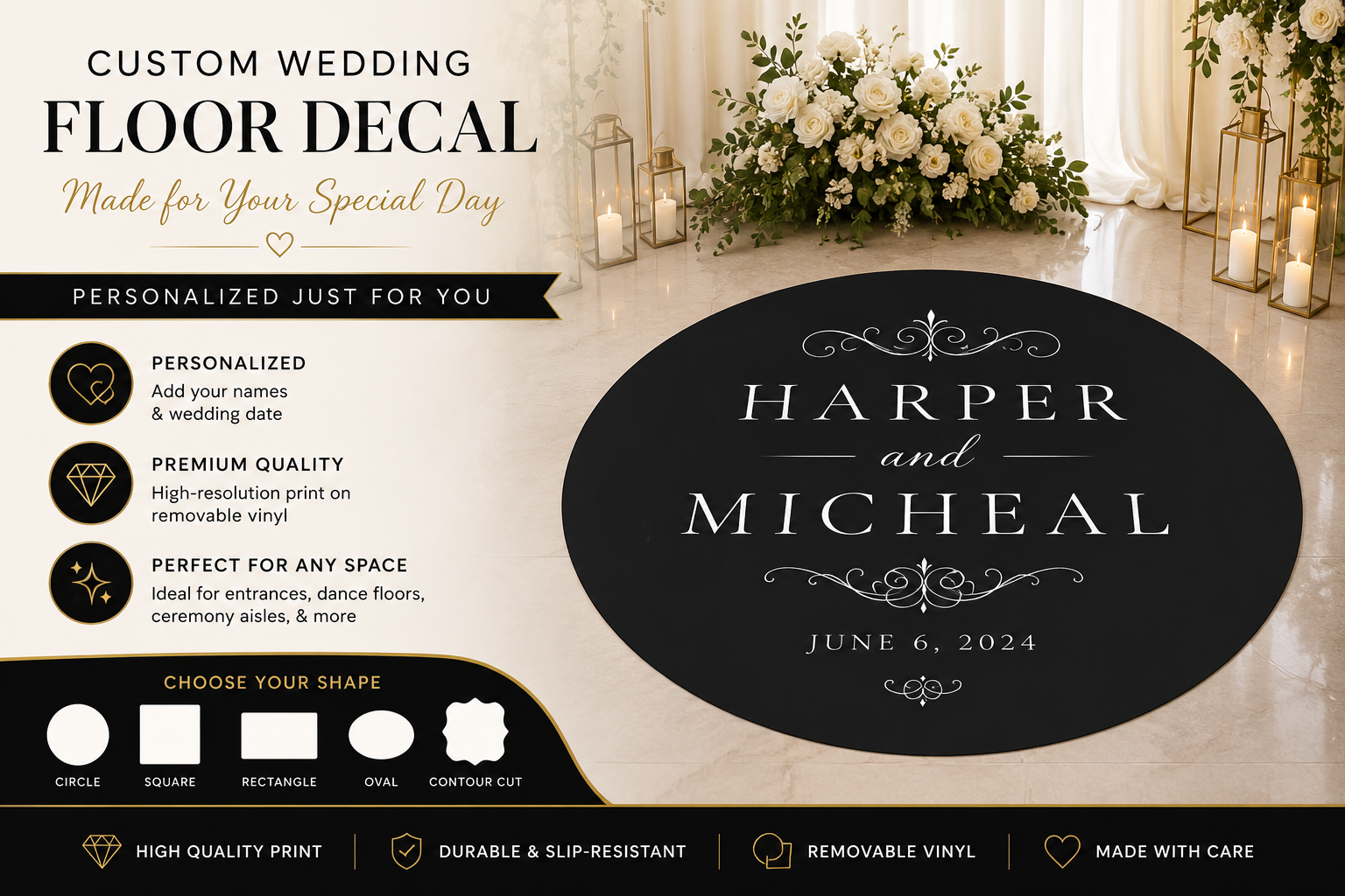 Black Tie Custom Wedding Floor Decal | Personalized Elegant Wedding Floor Wrap