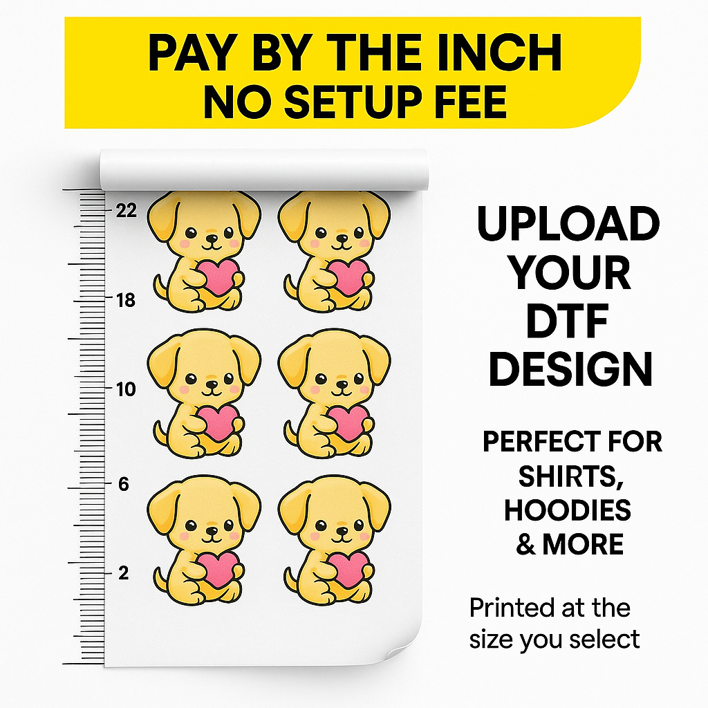 DTF Transfers by Size – No Setup Fee, Just Pay by the Inch!