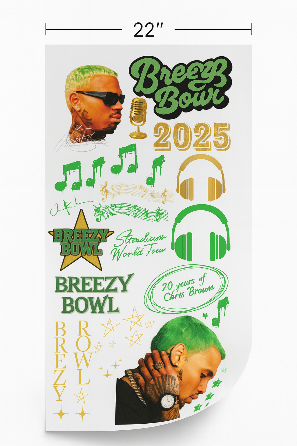 Breezy Bowl Green & Gold Glitter DTF Gang Sheet – Concert, Tour, Custom T-Shirt Transfers