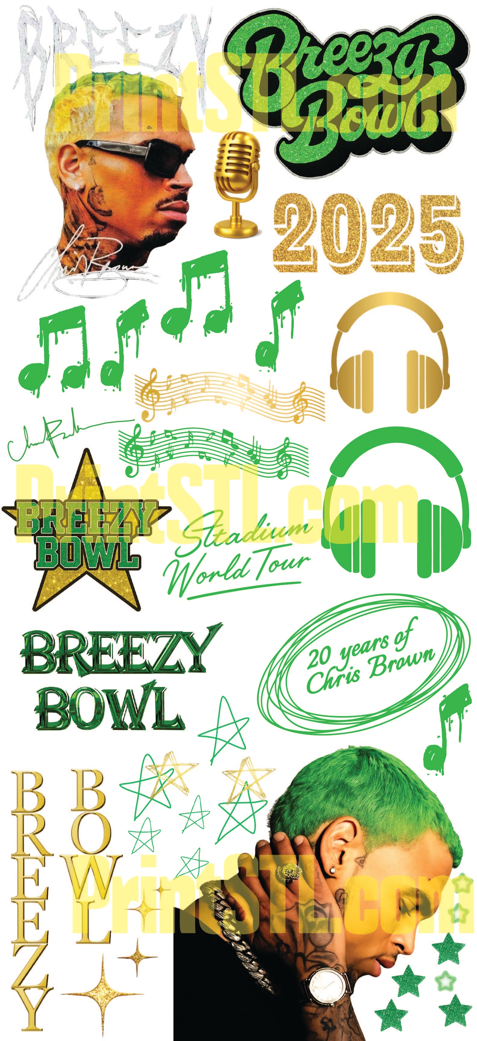 Breezy Bowl Green & Gold Glitter DTF Gang Sheet – Concert, Tour, Custom T-Shirt Transfers
