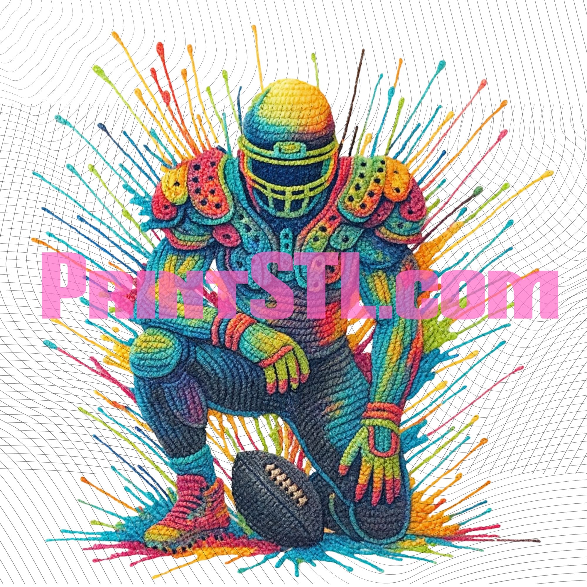 Crochet Football Player Design – Digital Download & Printed DTF Transfer | Colorful Yarn Style Sports Clipart
