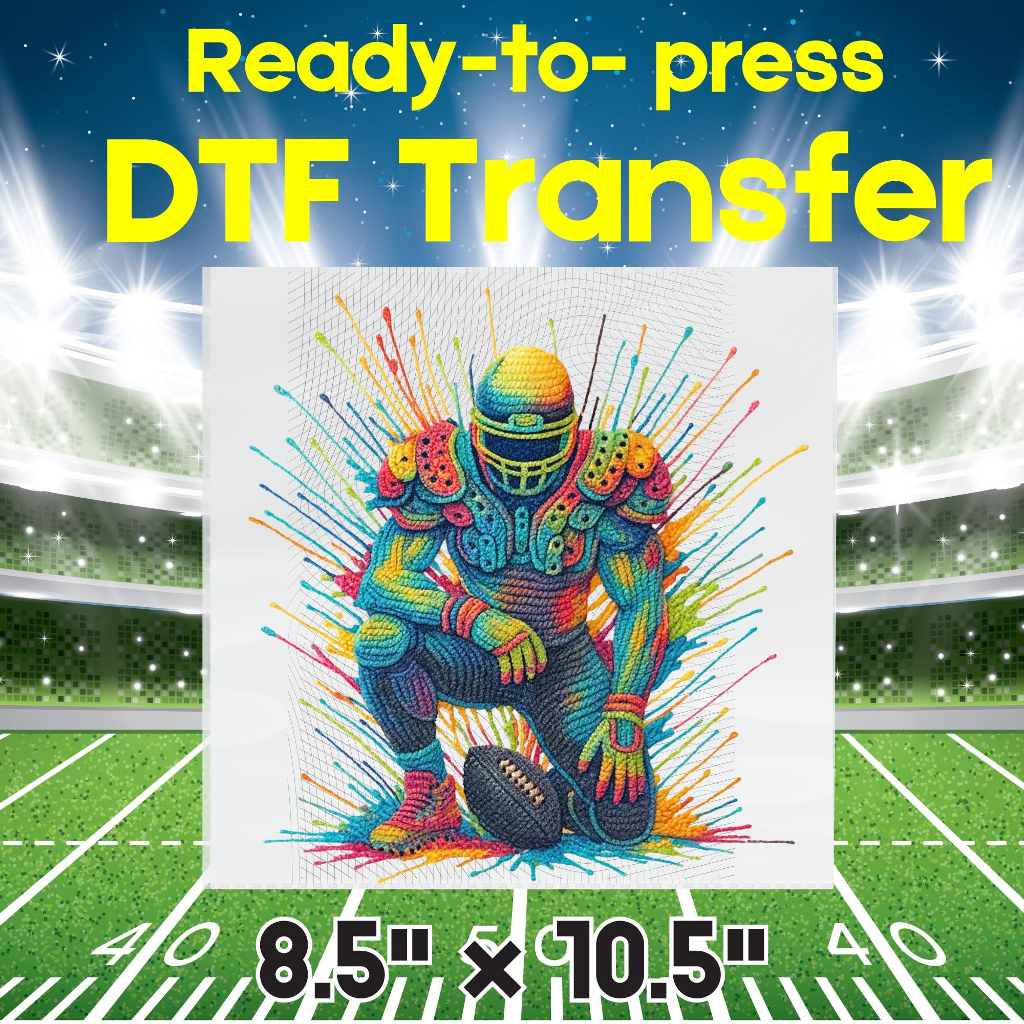 Crochet Football Player Design – Digital Download & Printed DTF Transfer | Colorful Yarn Style Sports Clipart
