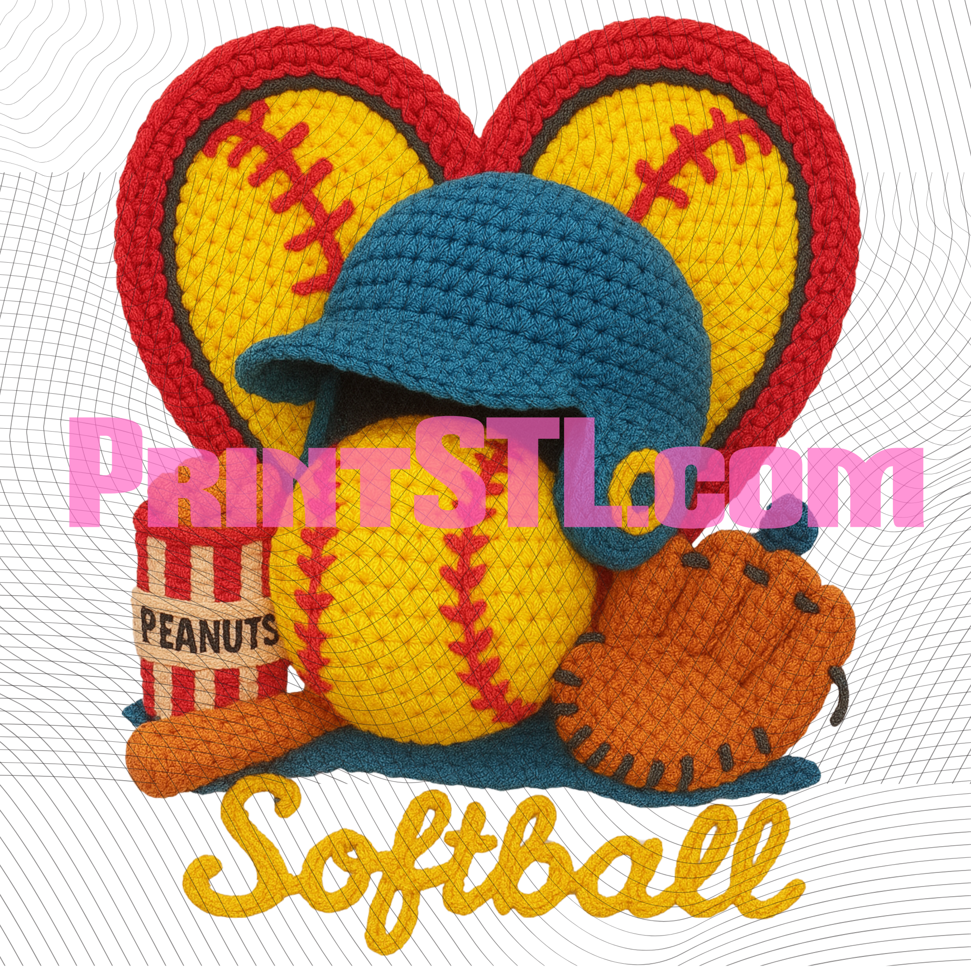 Crocheted Softball Design – Printed DTF Transfer or Digital Download | Cute Yarn Baseball Theme | Sports Team Shirt Graphic