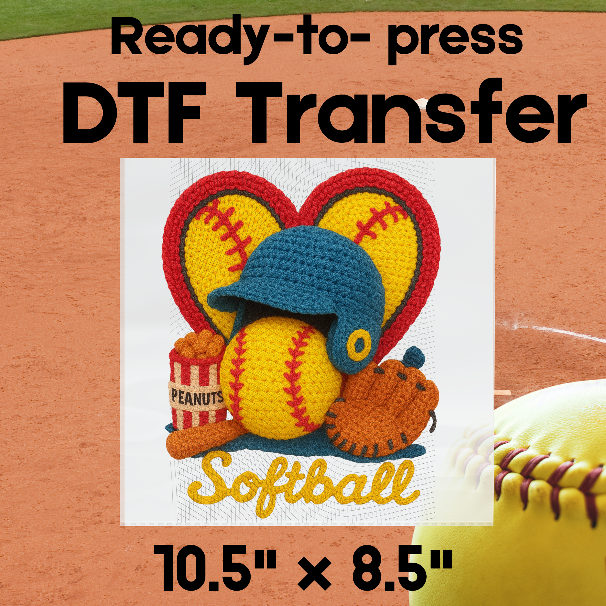 Crocheted Softball Design – Printed DTF Transfer or Digital Download | Cute Yarn Baseball Theme | Sports Team Shirt Graphic