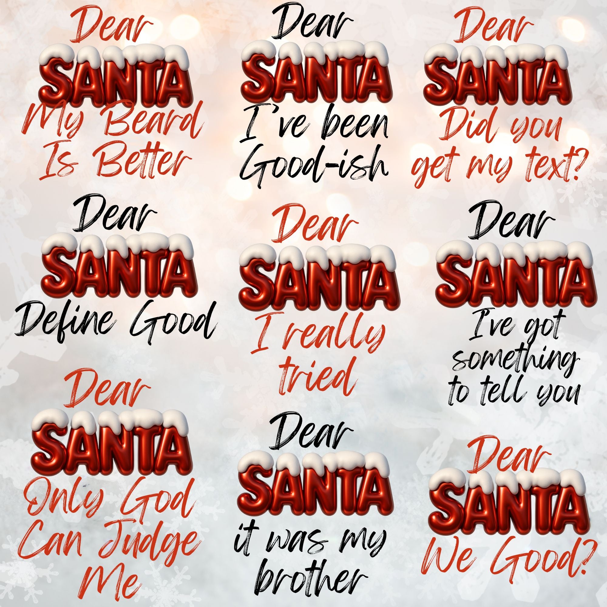 Collage of 'Dear Santa' messages with humorous and naughty variations on a white background.