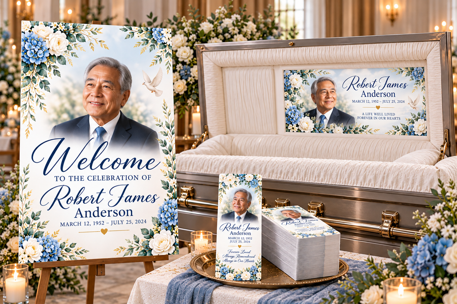 Classic Memorial Bundle | Personalized Welcome Sign, Casket Panel & Prayer Cards
