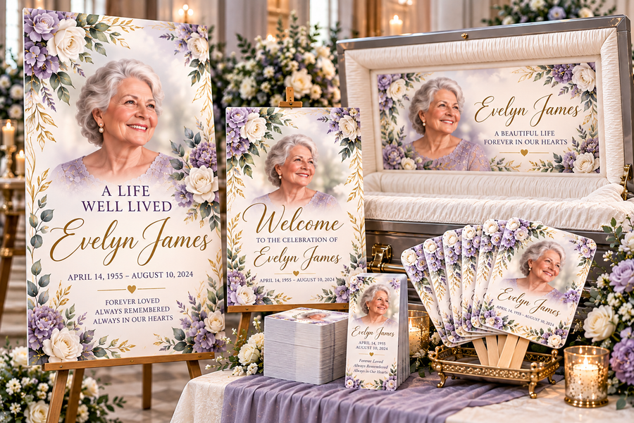 Premium Memorial Bundle | Personalized Photo Board, Welcome Sign, Casket Panel, Prayer Cards & Memorial Fans