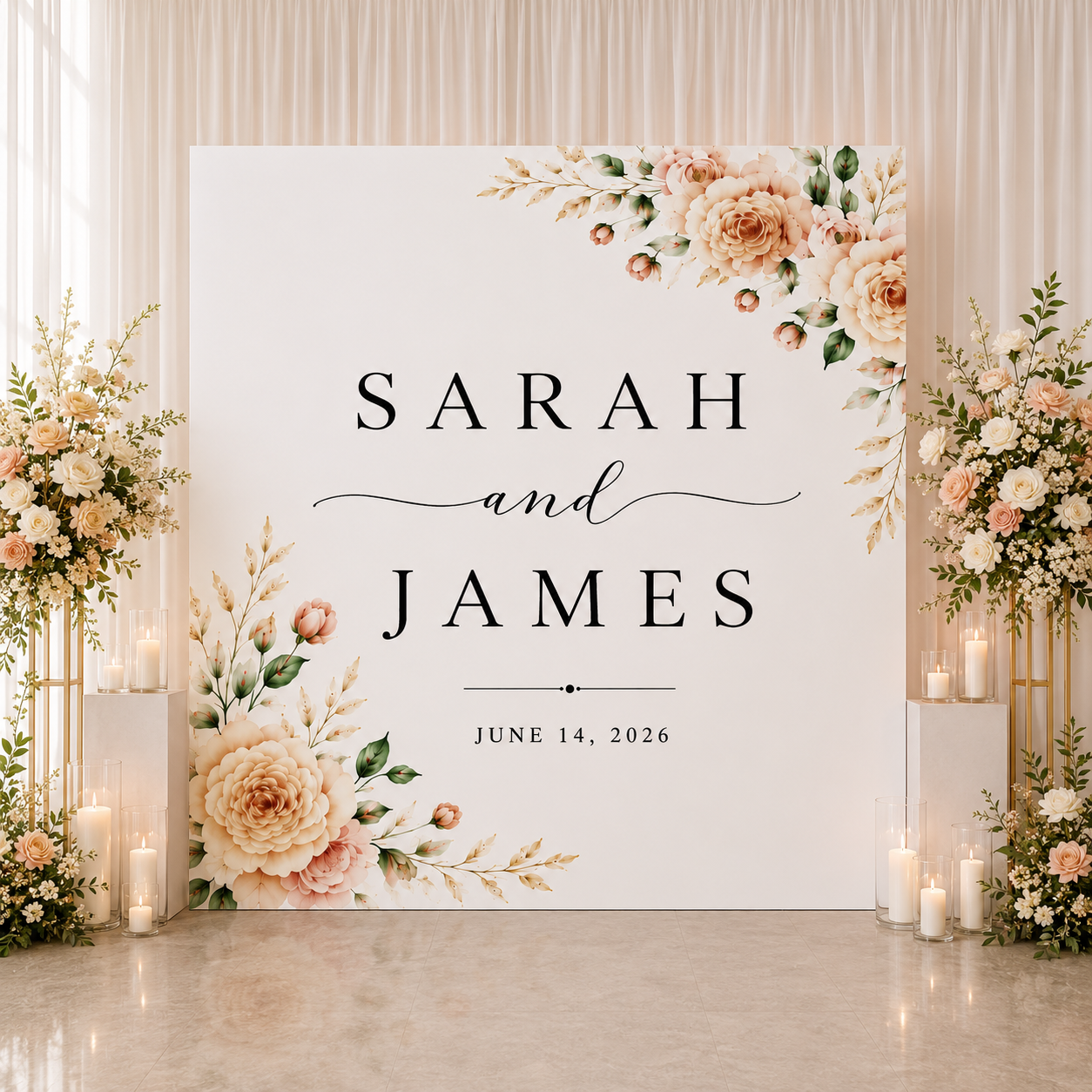Elegant Script Wedding Backdrop | Personalized Floral Wedding Photo Backdrop | Romantic Reception & Ceremony Decor