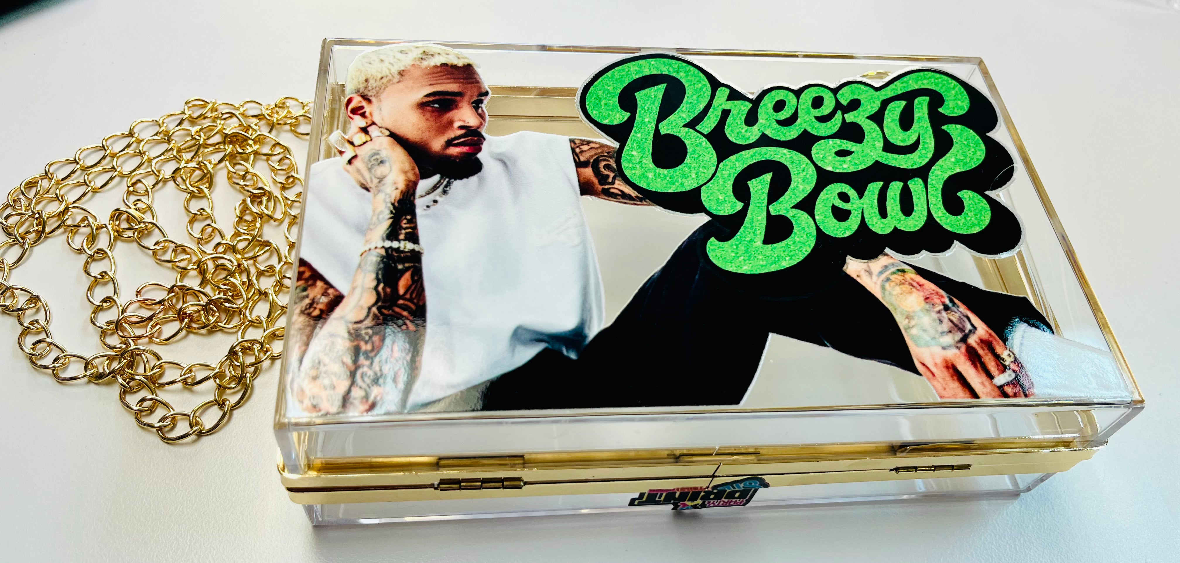 Custom Green Chris Brown Breezy Bowl Acrylic Clutch Purse with Gold Chain