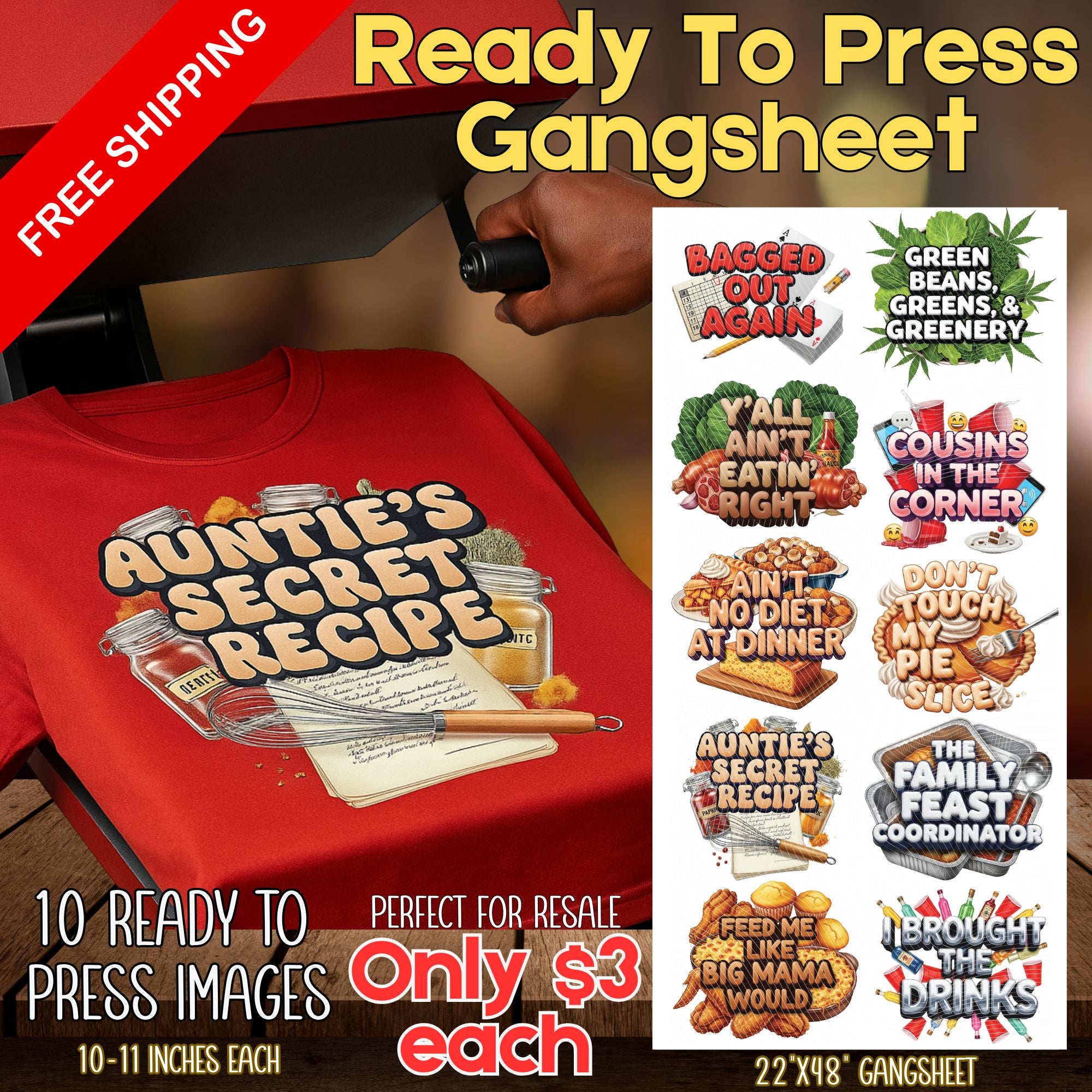 Auntie’s Secret Recipe Ready To Press DTF Gangsheet | Black AF Thanksgiving Transfers | 10 Holiday Designs