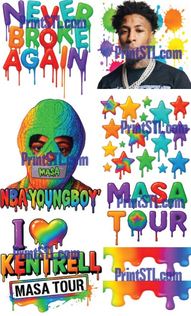 NBA Youngboy Slime Drip Gangsheet | 22x36 DTF Transfer | Never Broke Again, MASA Tour, Rainbow Stars & Slime Ready to Press