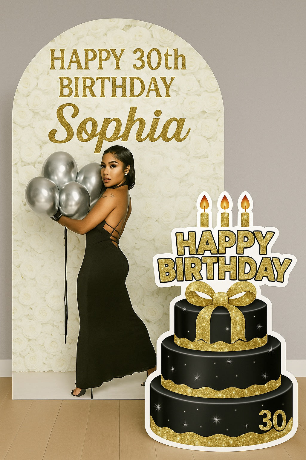 Custom Birthday Photo Wall & Giant Cake Display Package – Glam Luxe Edition 🎉