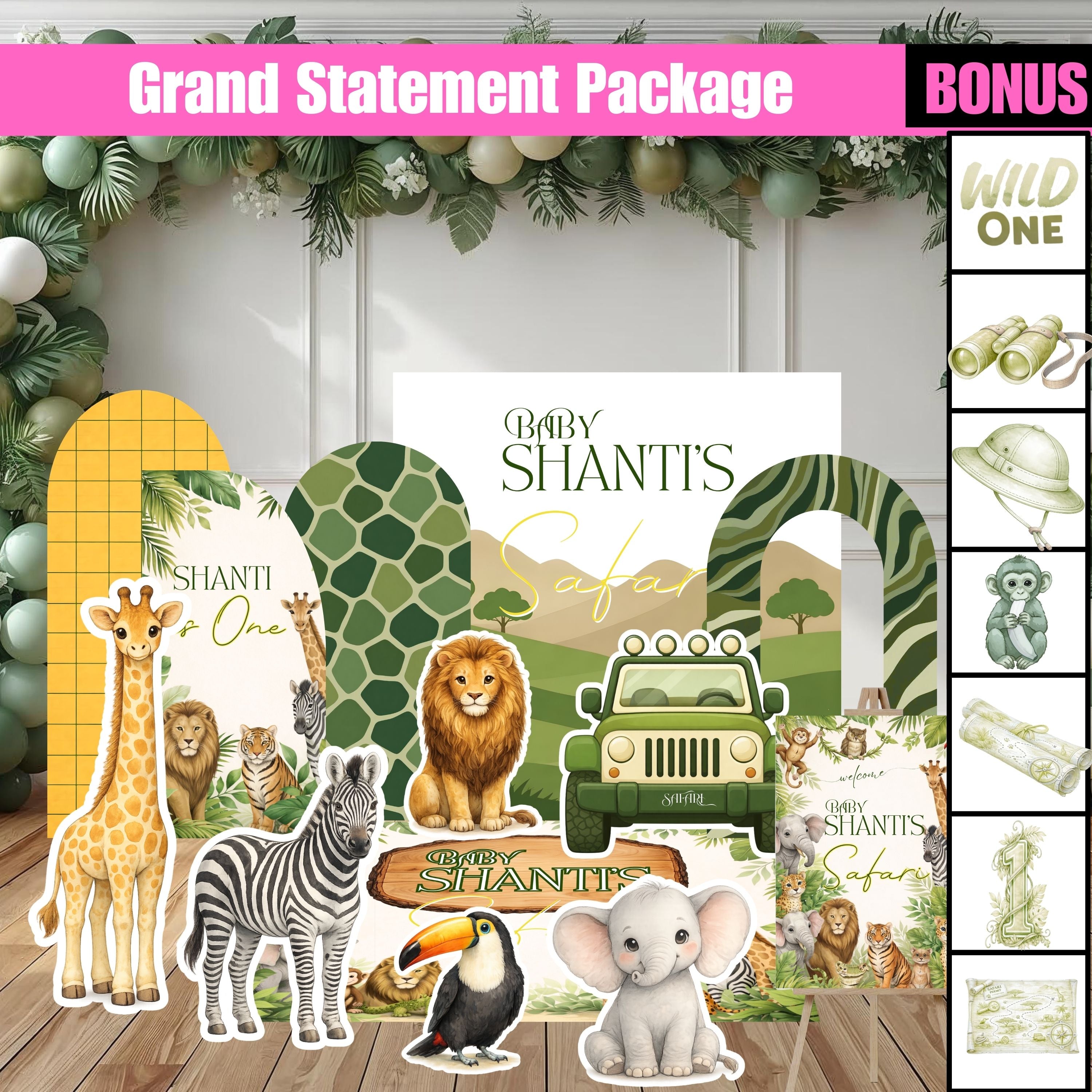 Green Safari Birthday Packages | Backdrop, Arches, Floor Decal & Life-Size Cutouts | 4 Package Options