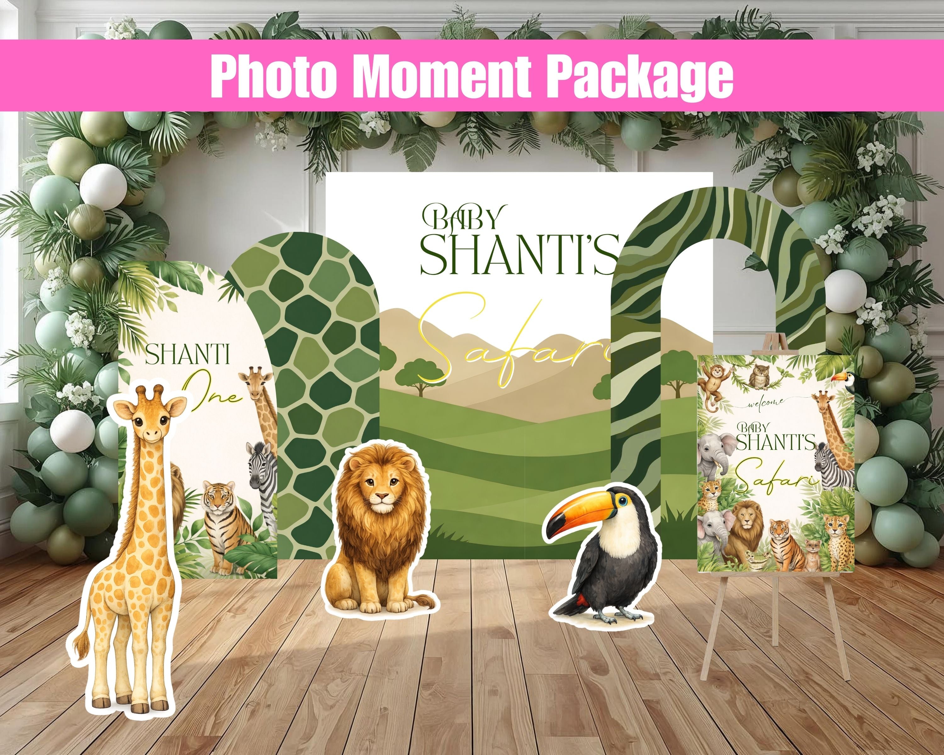 Green Safari Birthday Packages | Backdrop, Arches, Floor Decal & Life-Size Cutouts | 4 Package Options
