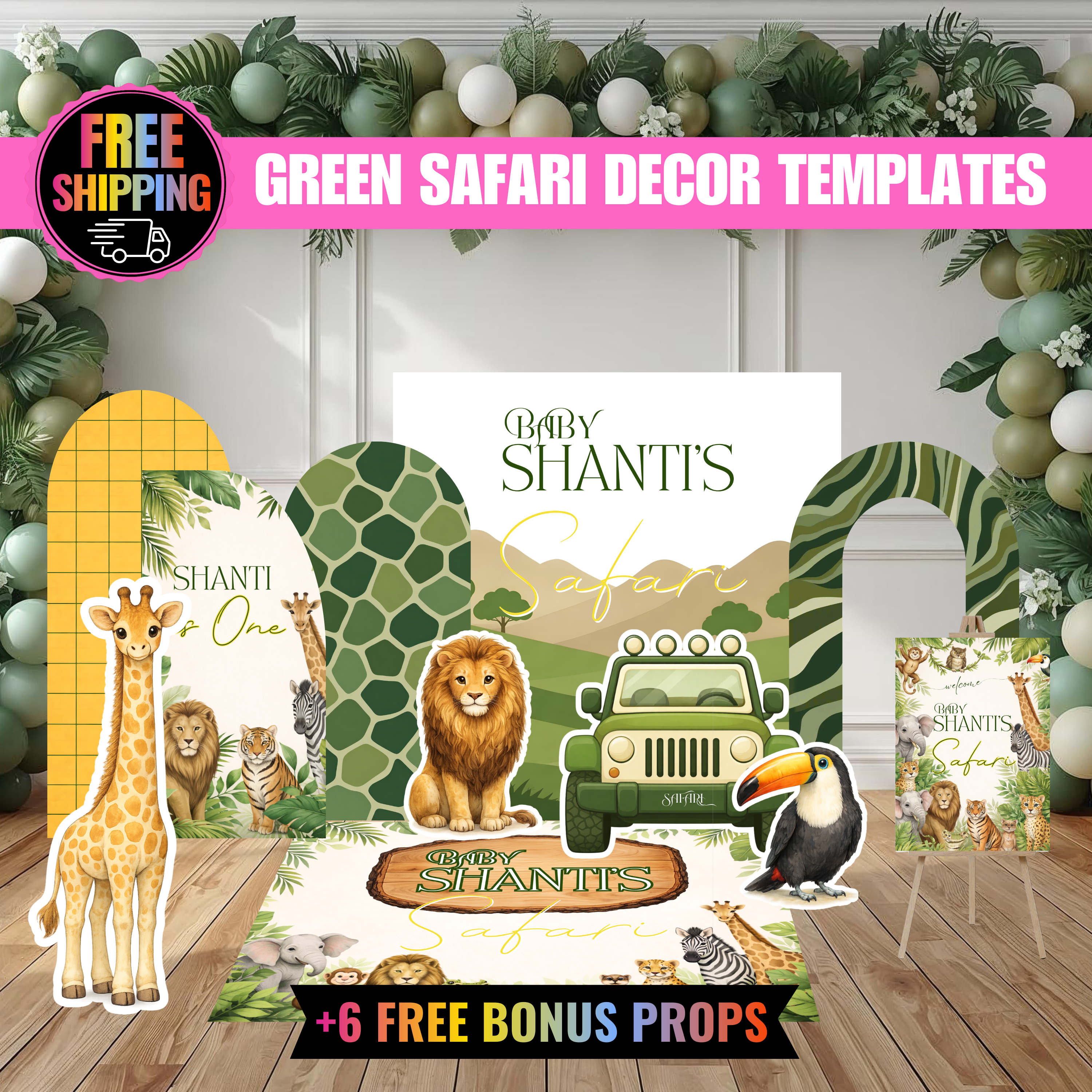 Safari Baby Shower Decor Bundle, Green Safari Backdrop Panels Floor Decal and Photo Props, Editable Canva Template