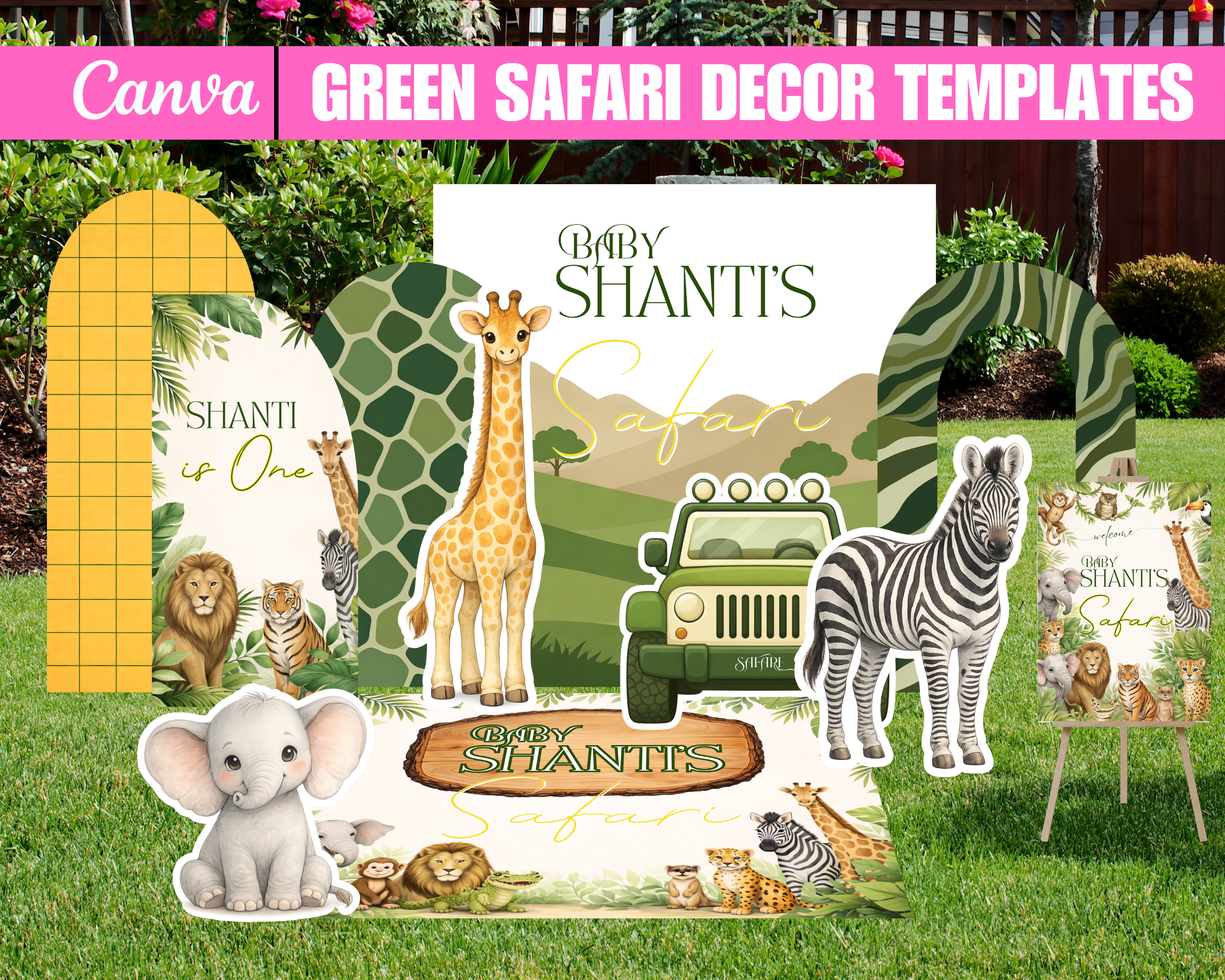 Safari Baby Shower Decor Bundle, Green Safari Backdrop Panels Floor Decal and Photo Props, Editable Canva Template