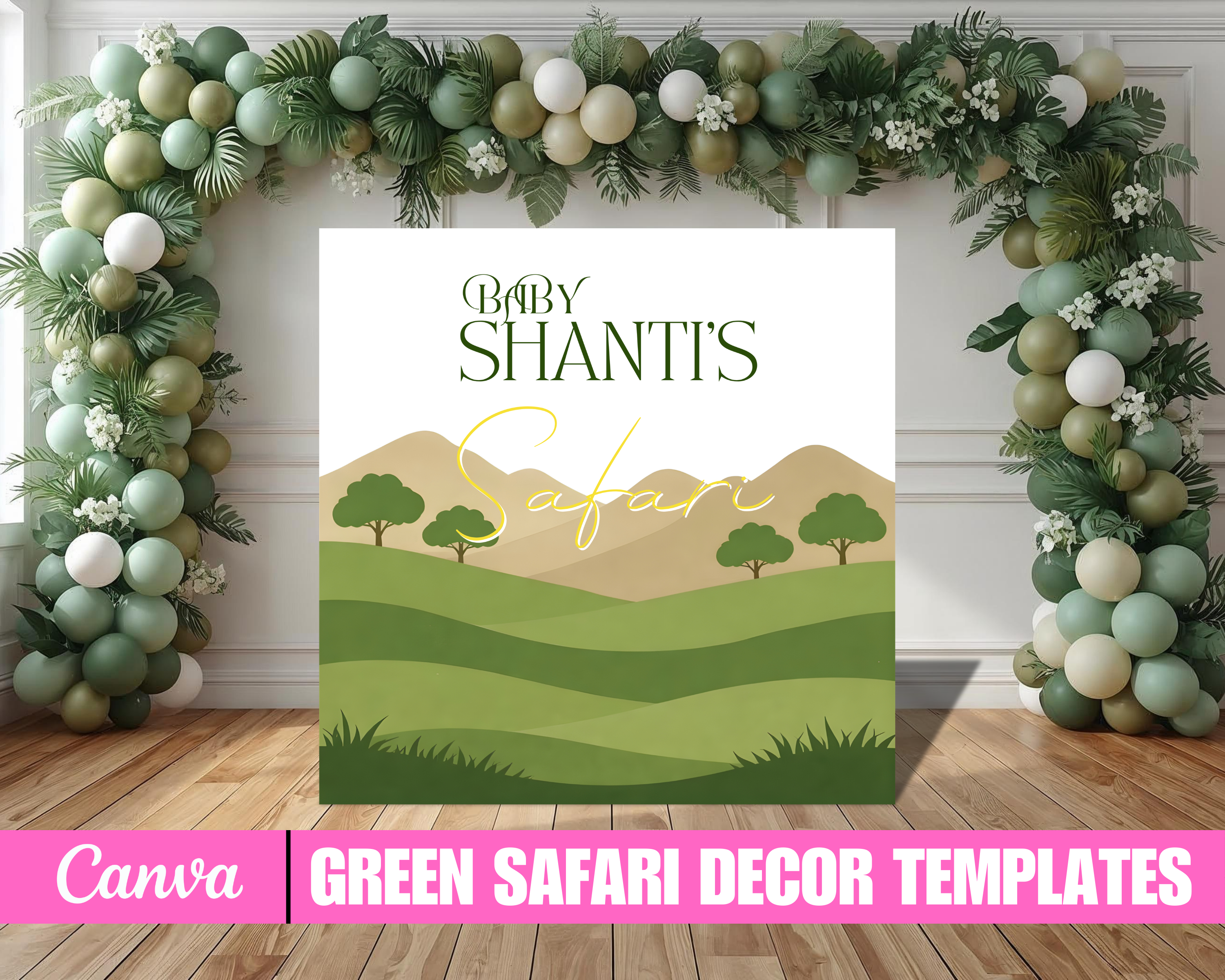 Safari Baby Shower Decor Bundle, Green Safari Backdrop Panels Floor Decal and Photo Props, Editable Canva Template