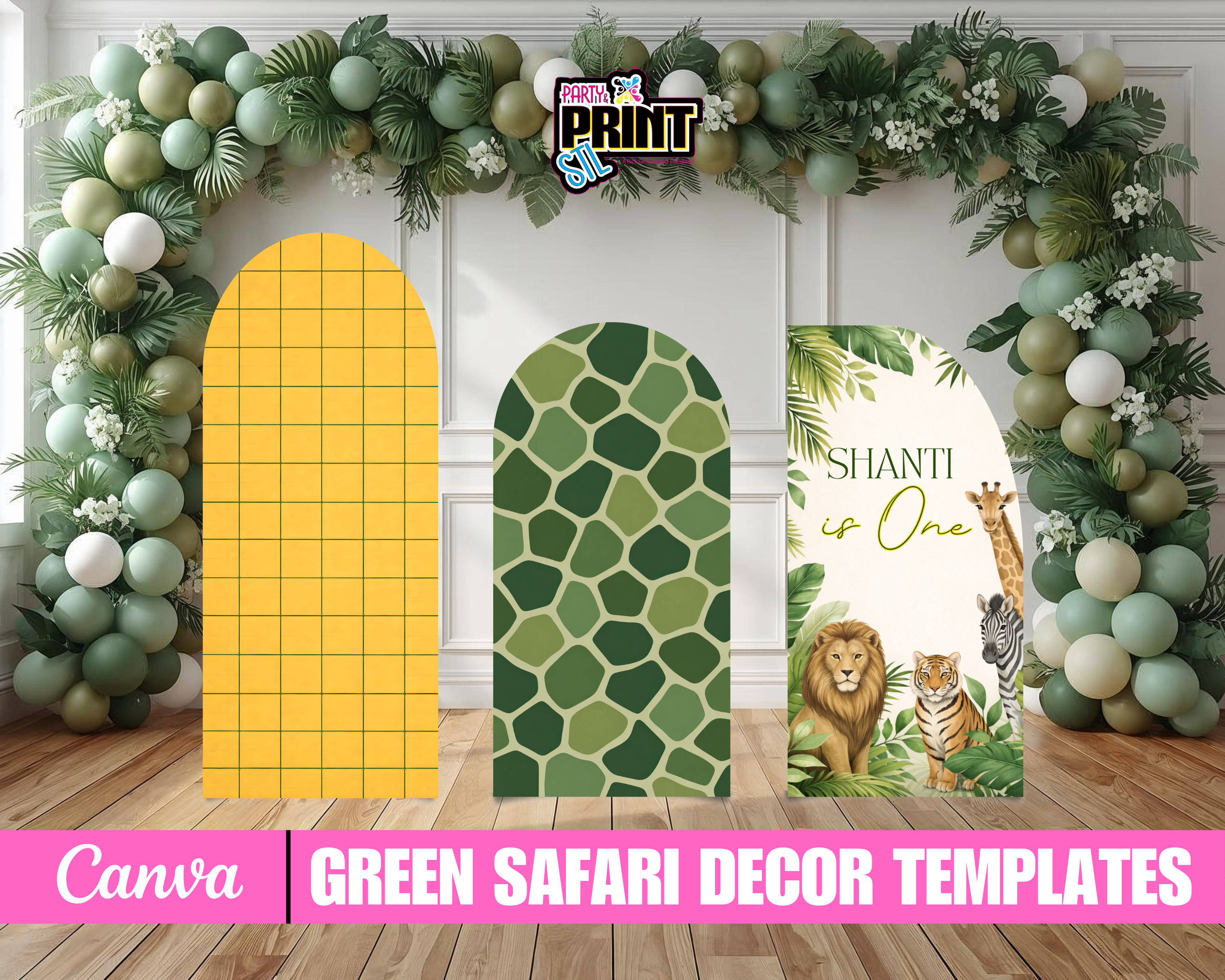 Safari Baby Shower Decor Bundle, Green Safari Backdrop Panels Floor Decal and Photo Props, Editable Canva Template