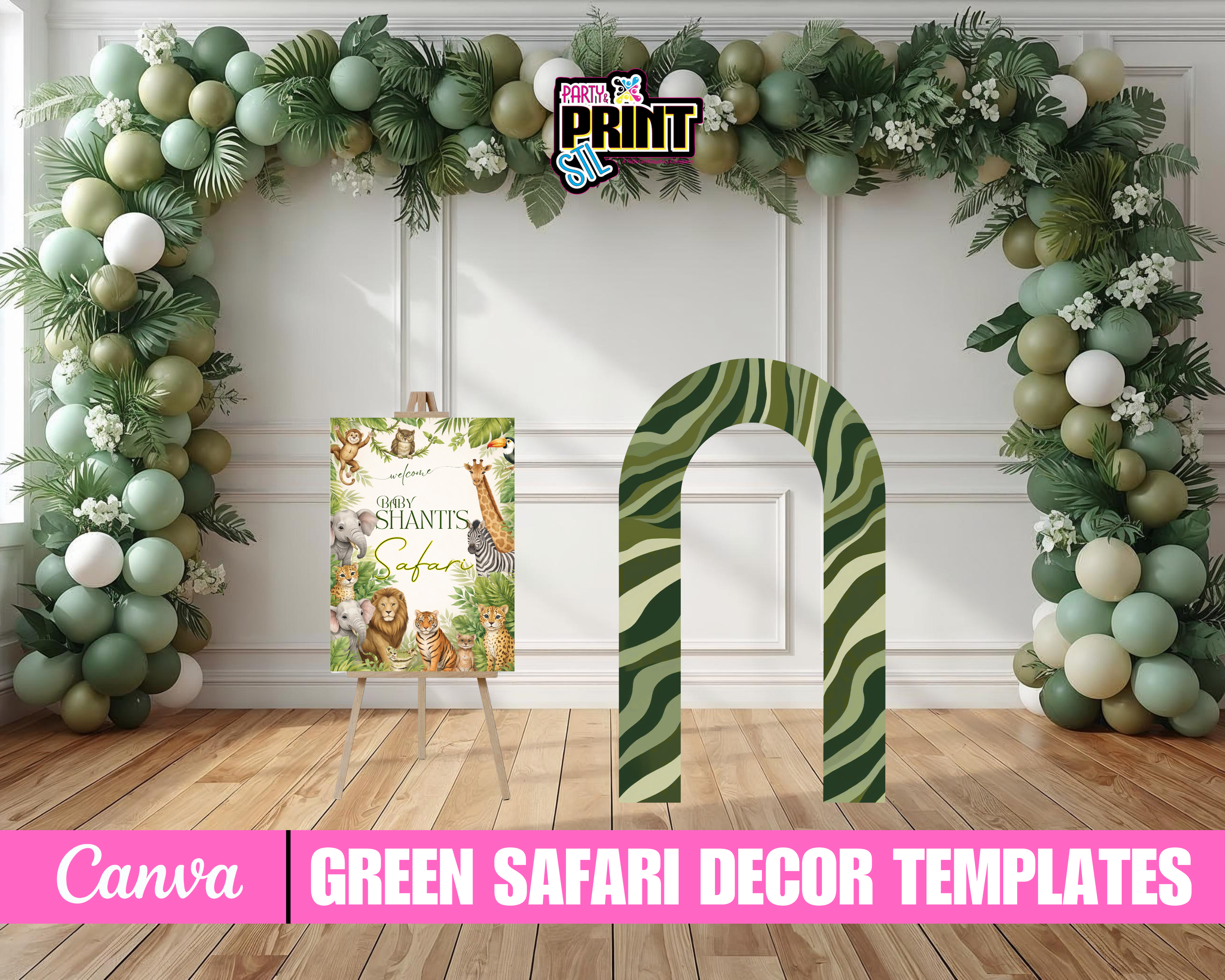 Safari Baby Shower Decor Bundle, Green Safari Backdrop Panels Floor Decal and Photo Props, Editable Canva Template
