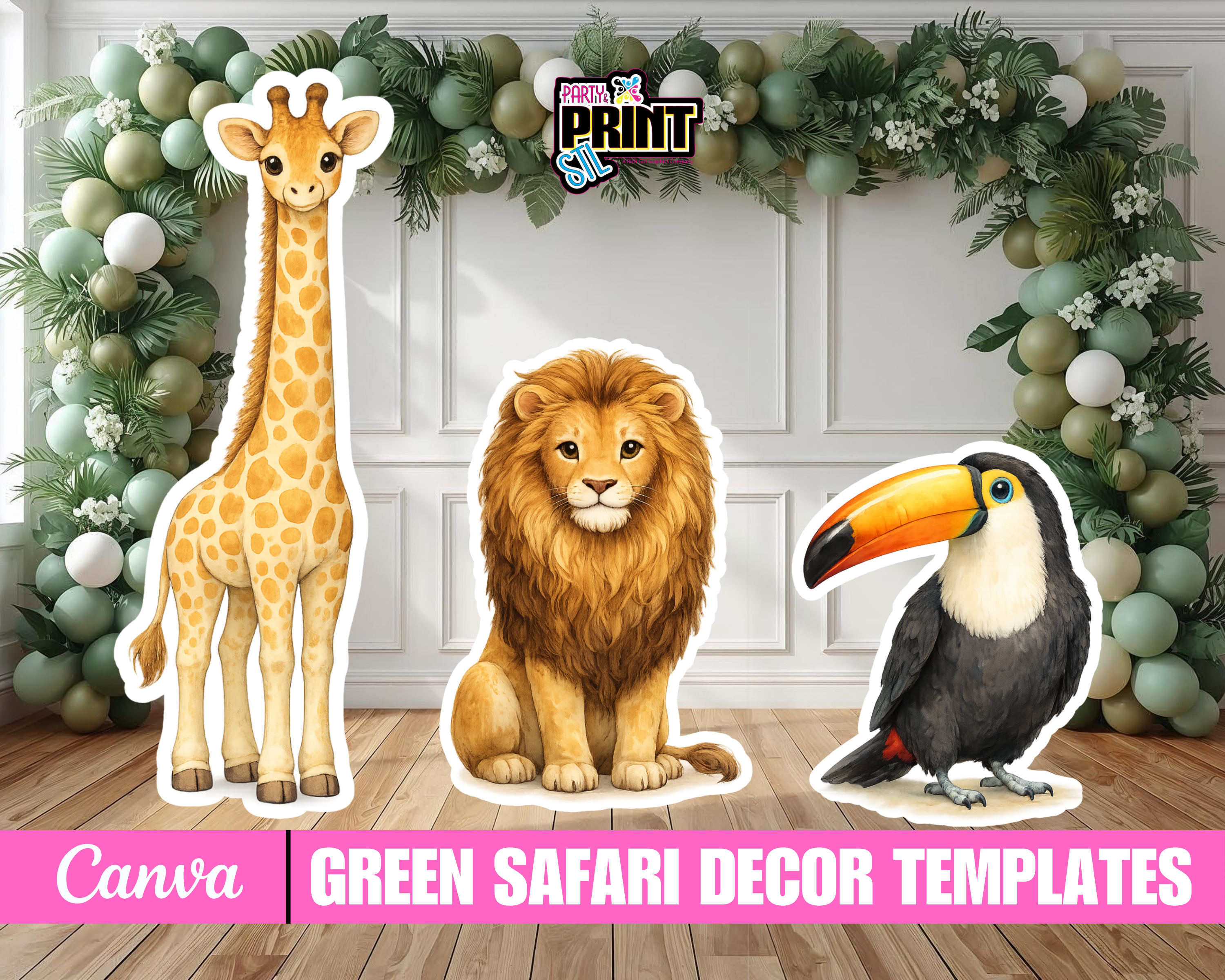 Safari Baby Shower Decor Bundle, Green Safari Backdrop Panels Floor Decal and Photo Props, Editable Canva Template