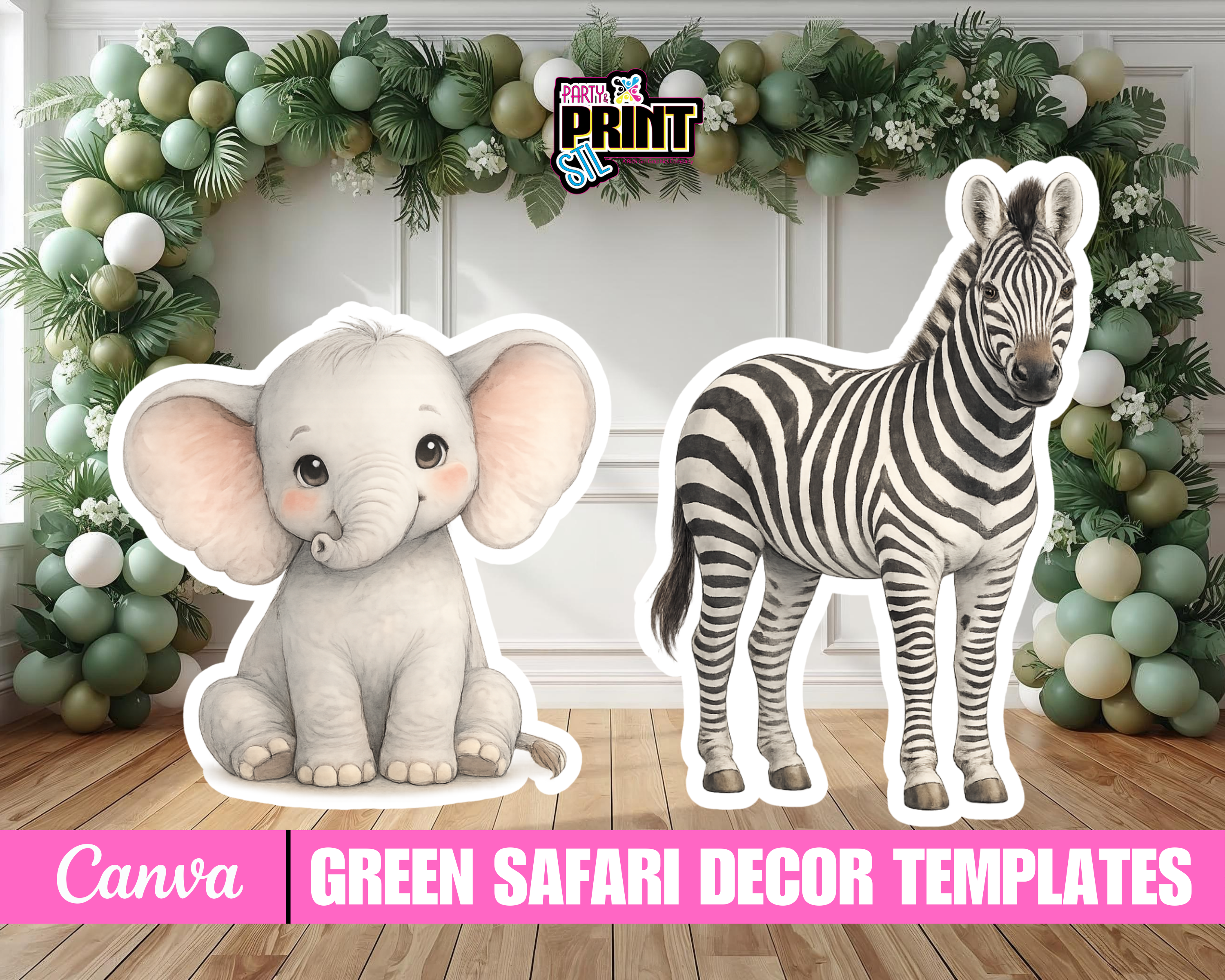 Safari Baby Shower Decor Bundle, Green Safari Backdrop Panels Floor Decal and Photo Props, Editable Canva Template