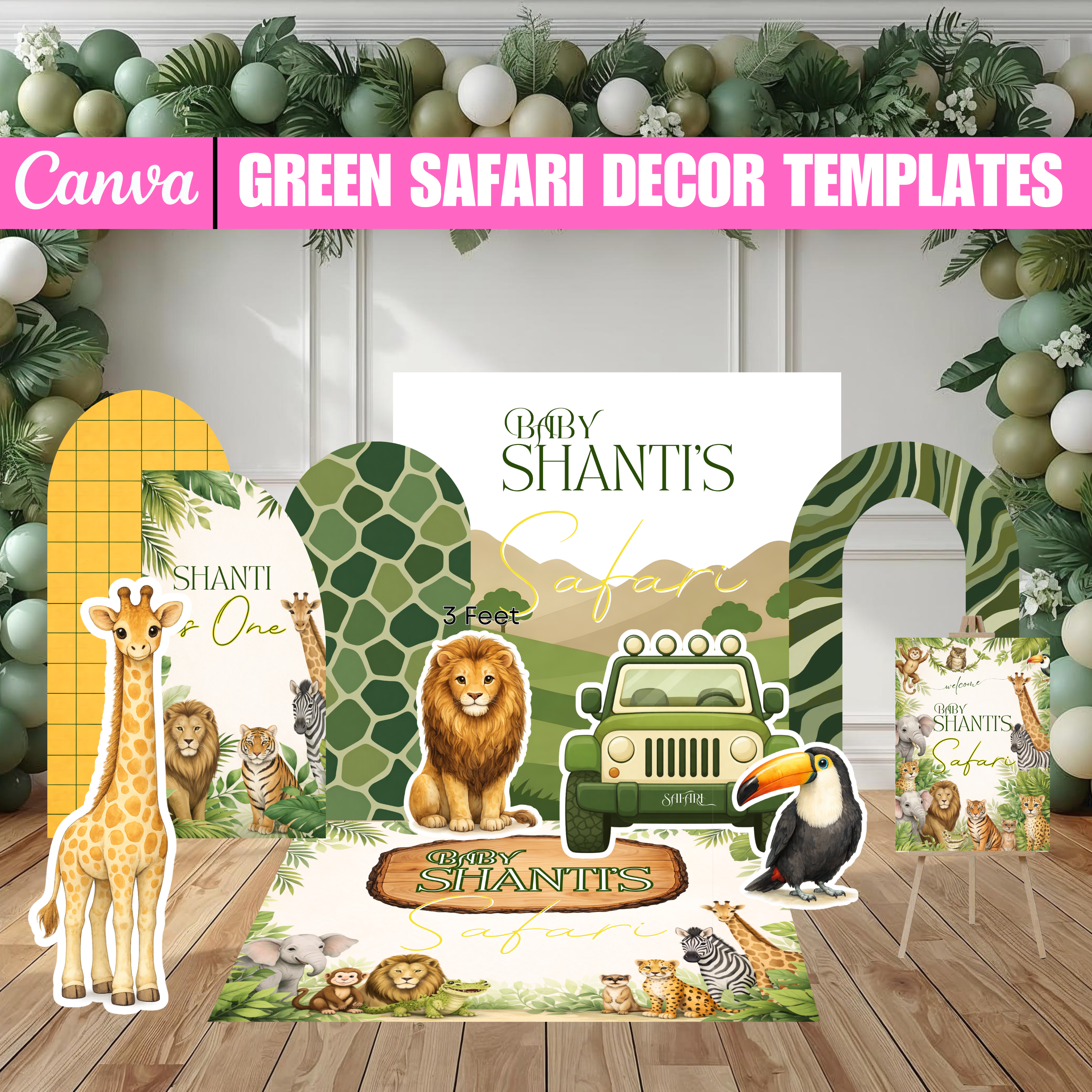 Safari Baby Shower Decor Bundle, Green Safari Backdrop Panels Floor Decal and Photo Props, Editable Canva Template