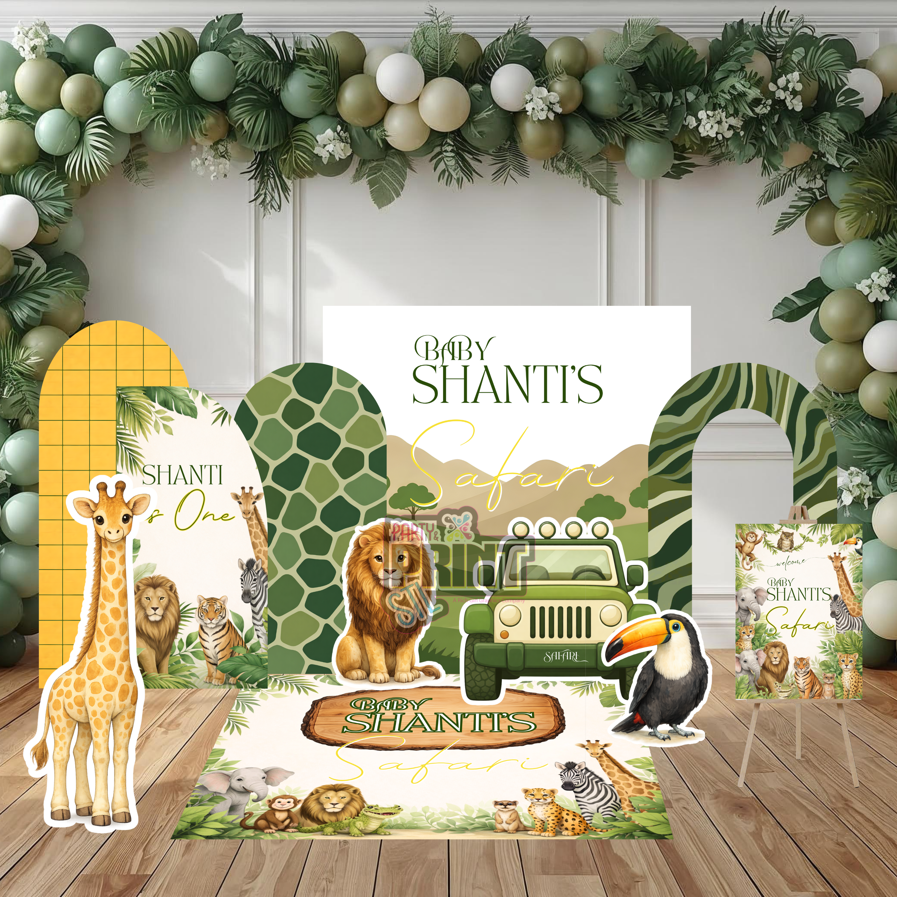 Safari Baby Shower Decor Bundle, Green Safari Backdrop Panels Floor Decal and Photo Props, Editable Canva Template