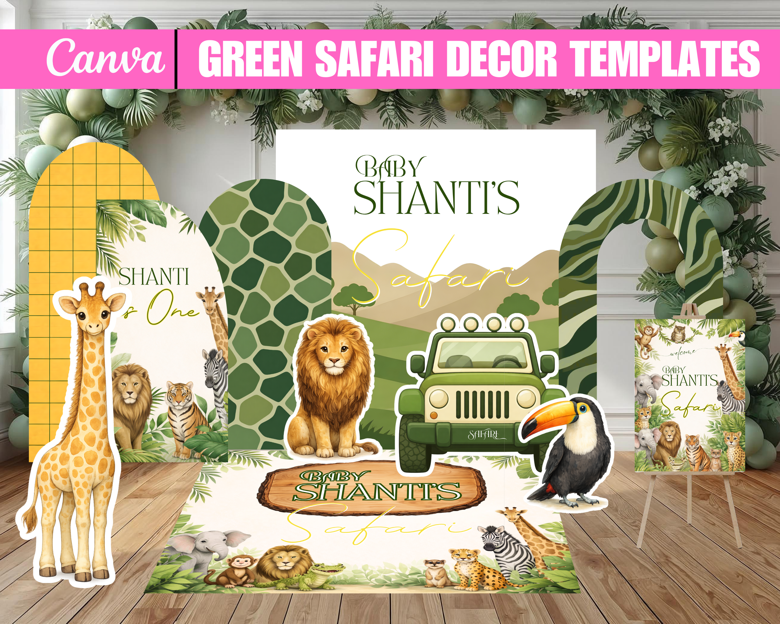 Safari Baby Shower Decor Bundle, Green Safari Backdrop Panels Floor Decal and Photo Props, Editable Canva Template