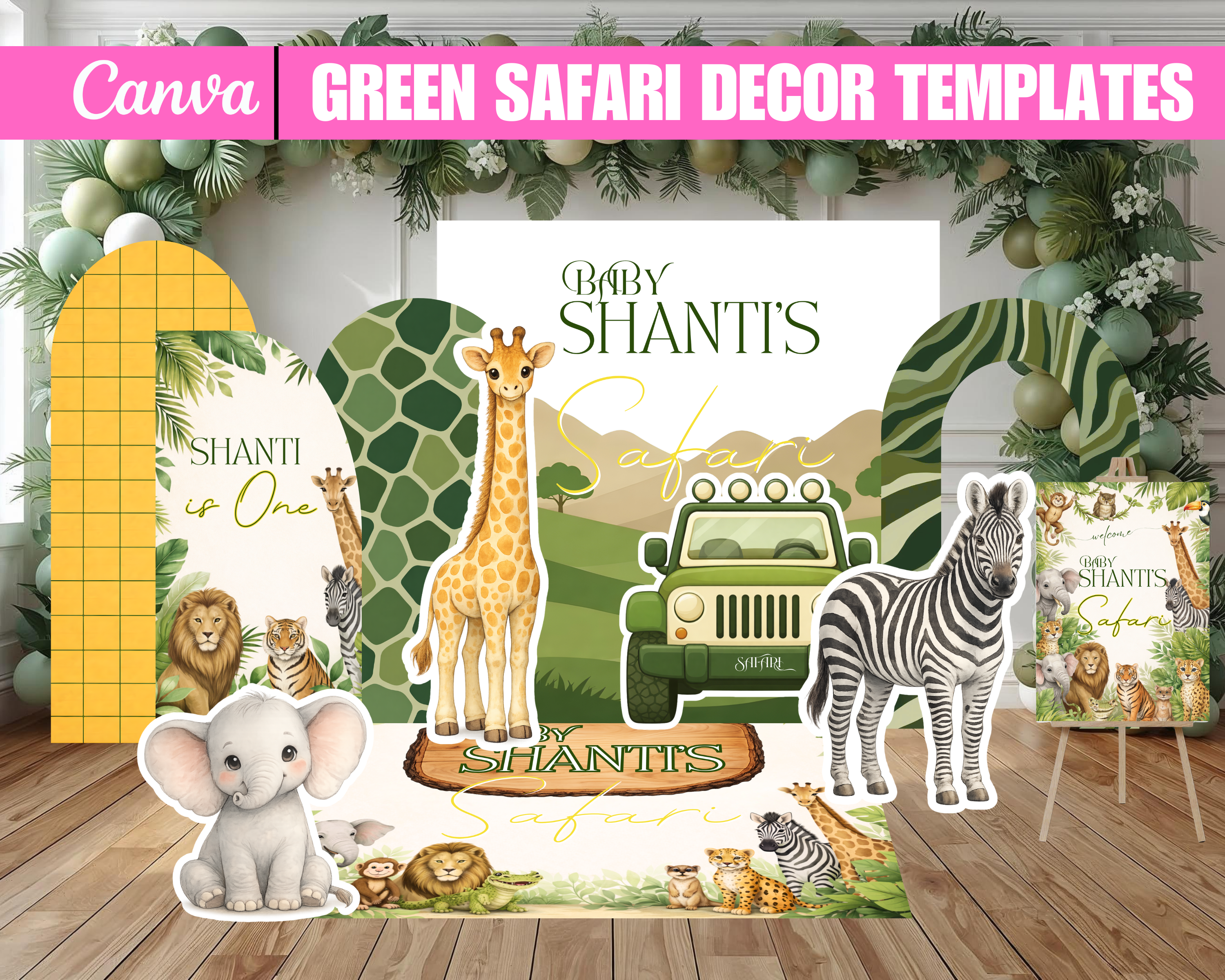Safari Baby Shower Decor Bundle, Green Safari Backdrop Panels Floor Decal and Photo Props, Editable Canva Template