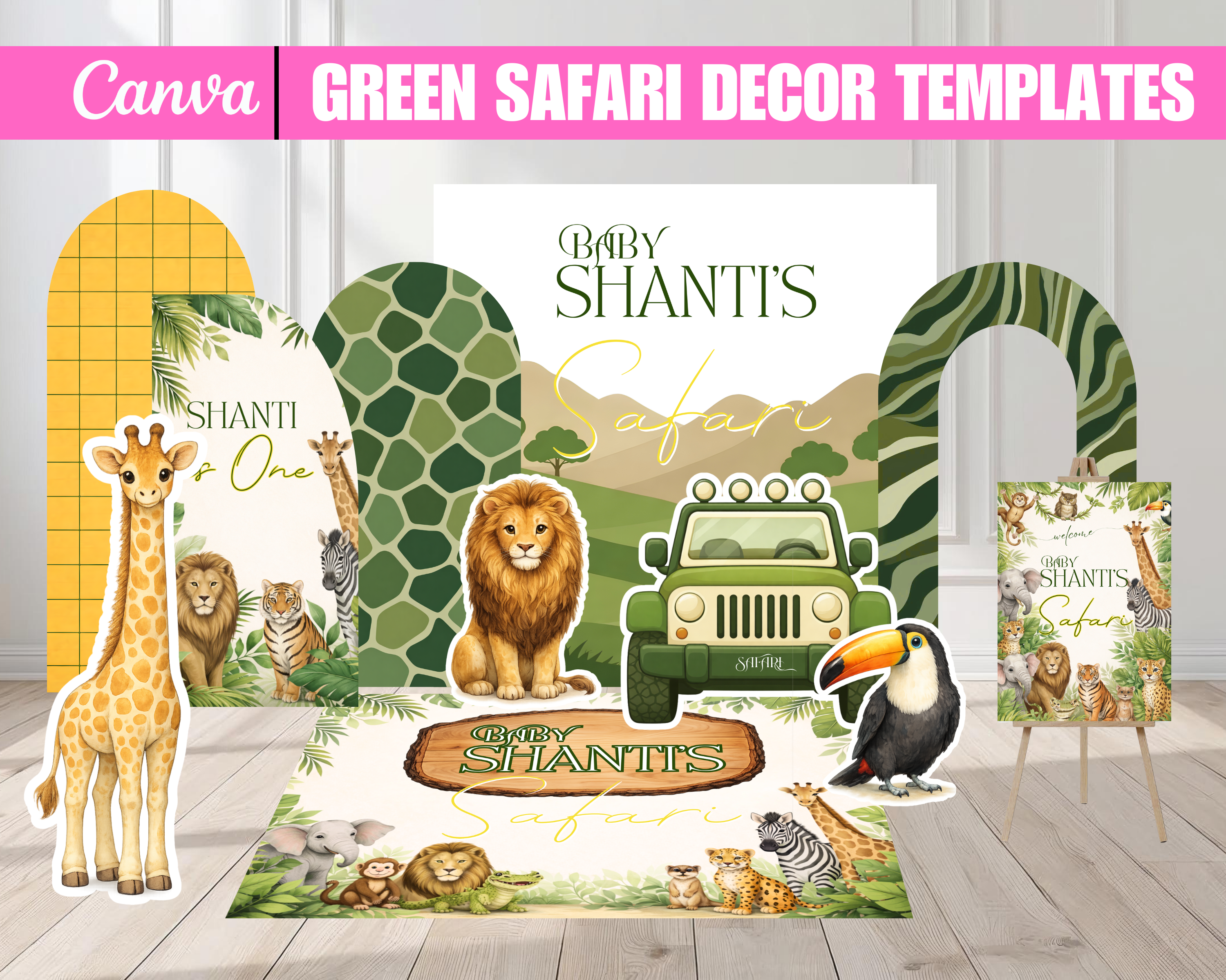Safari Baby Shower Decor Bundle, Green Safari Backdrop Panels Floor Decal and Photo Props, Editable Canva Template
