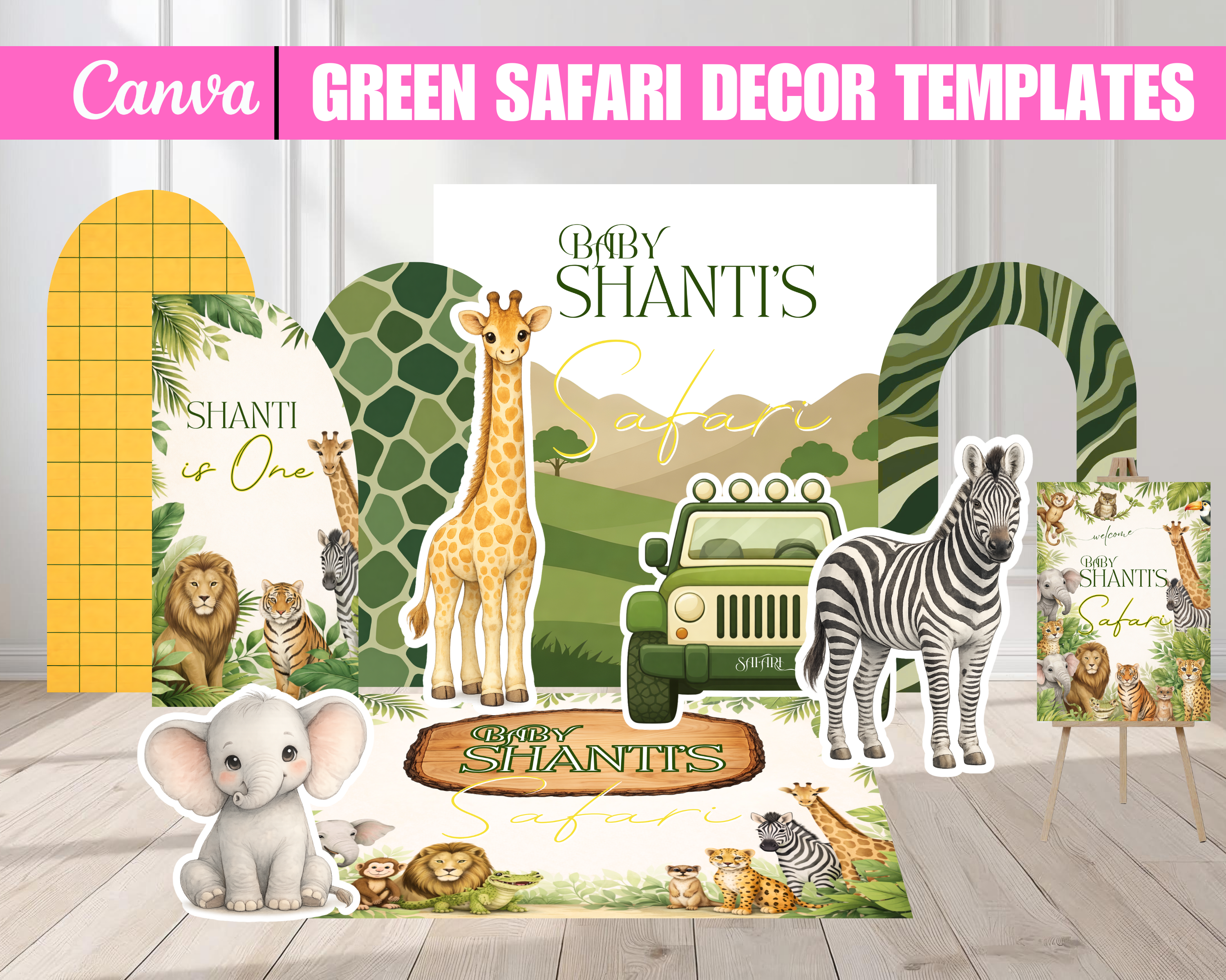 Safari Baby Shower Decor Bundle, Green Safari Backdrop Panels Floor Decal and Photo Props, Editable Canva Template