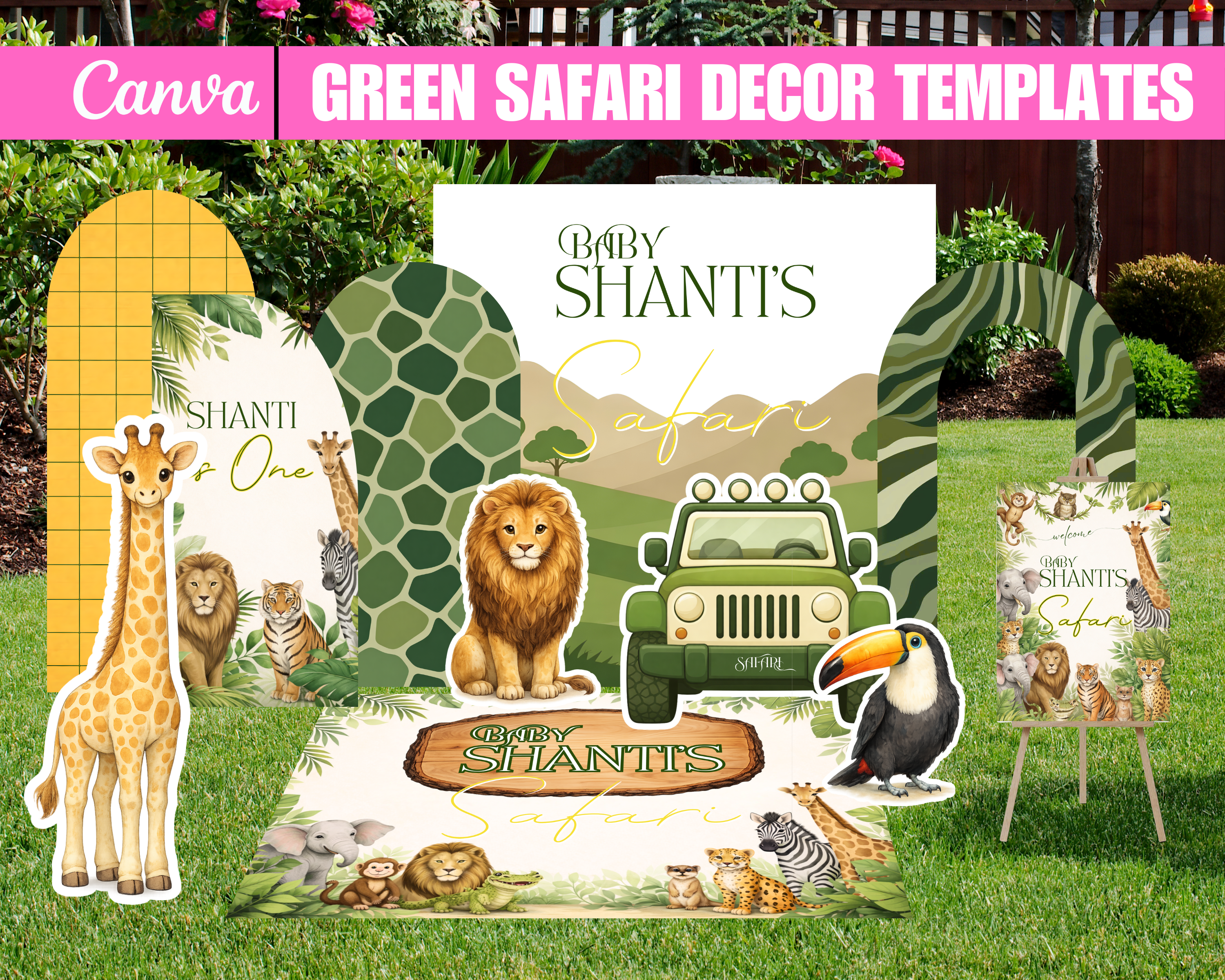 Safari Baby Shower Decor Bundle, Green Safari Backdrop Panels Floor Decal and Photo Props, Editable Canva Template