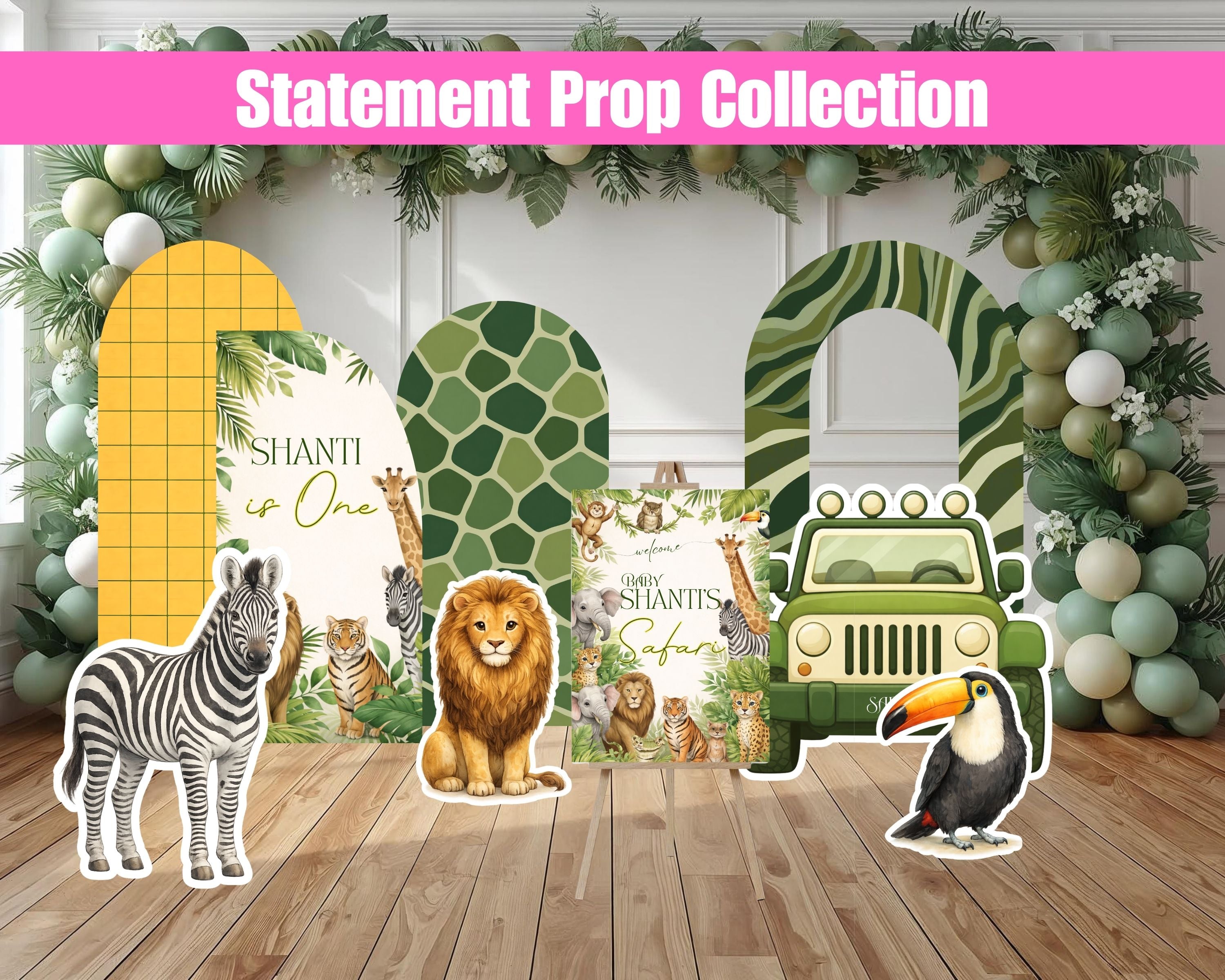 Green Safari Birthday Packages | Backdrop, Arches, Floor Decal & Life-Size Cutouts | 4 Package Options