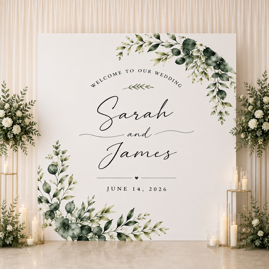 Greenery Wedding Backdrop | Personalized Botanical Wedding Photo Backdrop | Elegant Eucalyptus Ceremony & Reception Decor