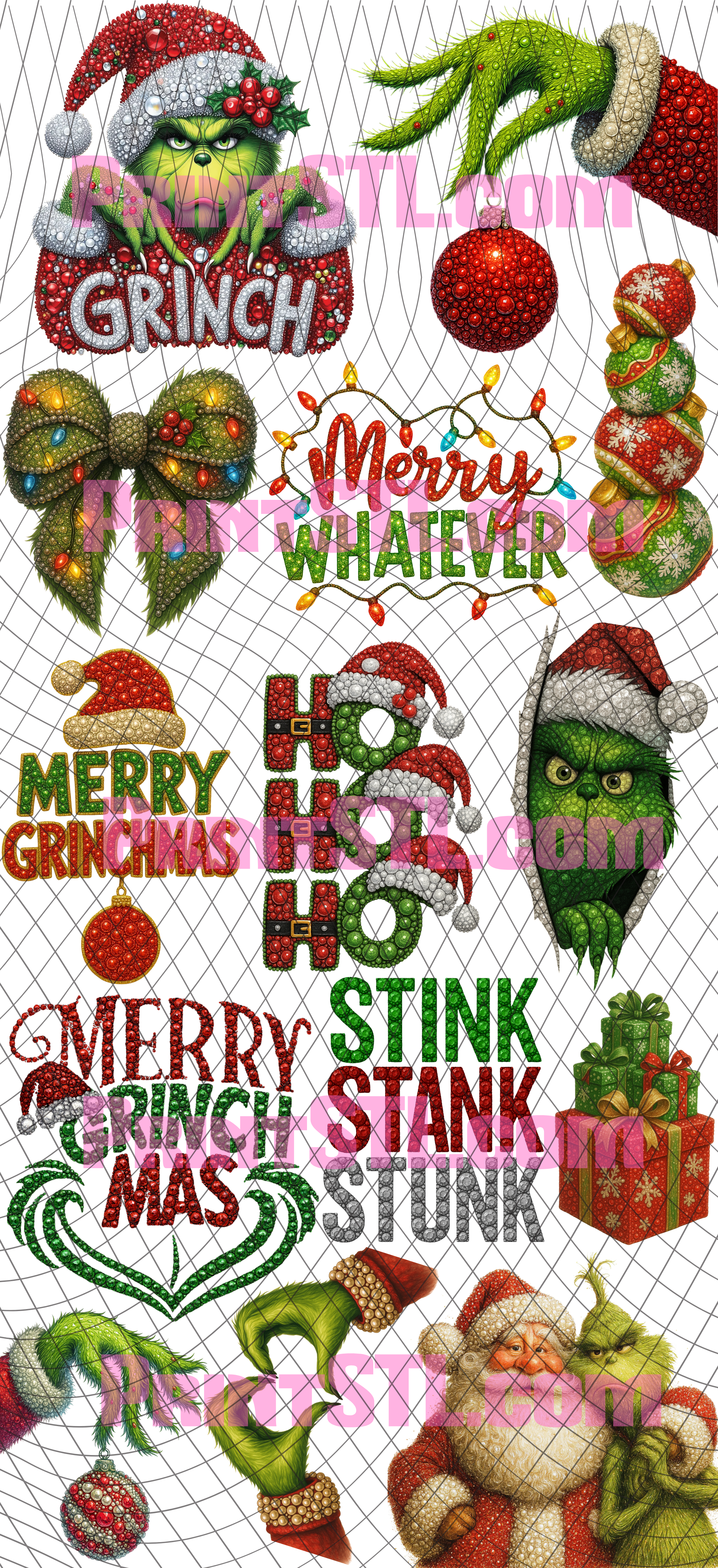 Sparkling Grinch Holiday Character Gang Sheet 22x48 – Red & Green Rhinestone Look Christmas DTF Transfers | Ready to Press | FREE SHIPPING