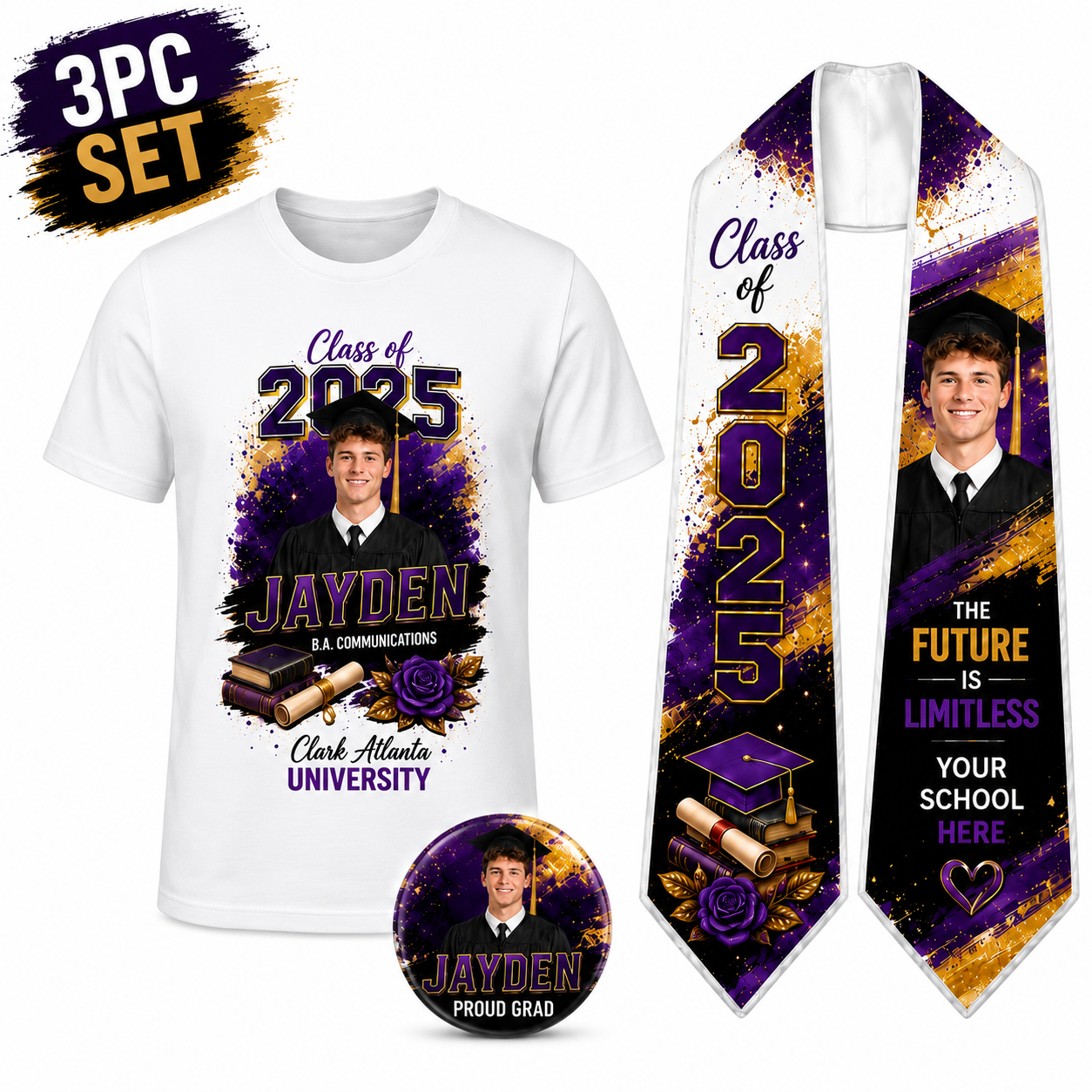 Custom Graduation Stole, T-Shirt & Button Set | Personalized 3pc Matching Grad Bundle